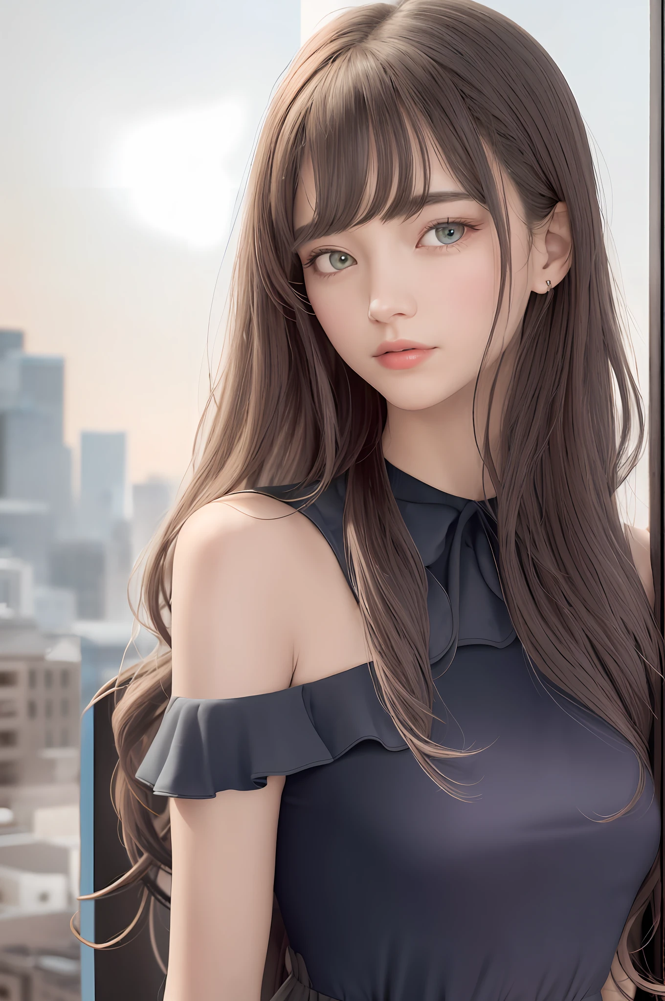 The viewer is watching from a distance, beautiful eyes, attractive girl, ((to the top of the head))), put the top of the head in the angle of view, upper body, beautiful hair, long hair, wavy hair, beautiful dress, shoulder out, holder neck, nothing on the head