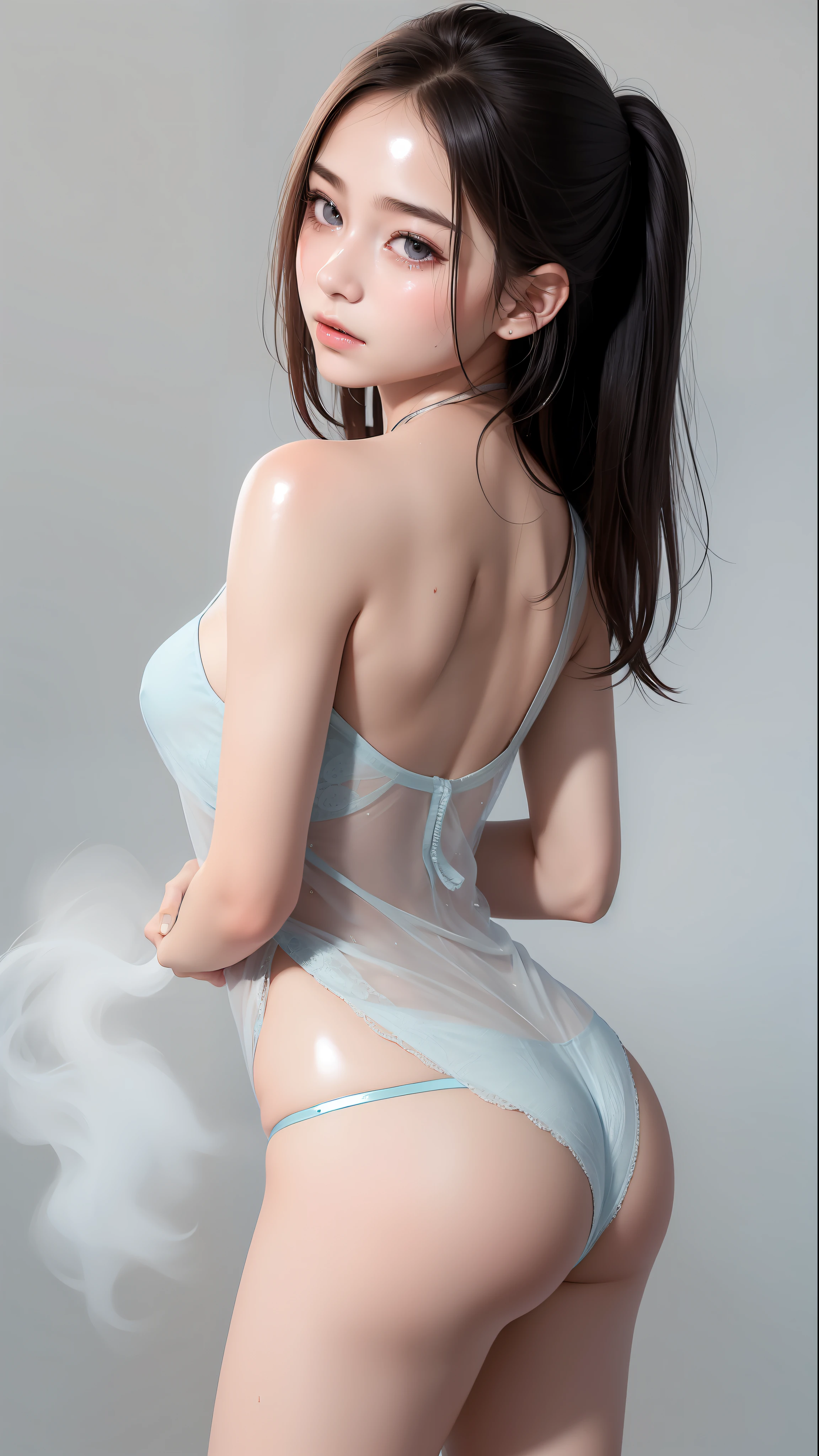 (face, student, s, beautiful girl, cute:1.4), RAW photo, tears, tearfilled eyes, sad, wince, embarrassed, drunken eyes, full-face blush, very light blue small pantort negligee, (slender, photorealistic, realistic, hyperrealistic, masterpiece, looking at viewer, real skin, firm skin:0.8), (shiny skin:1.4), (sweaty skin:1.1), (dynamic lighting, cinematic lighting:0.5), back shot:1.2, (fog, humid:1.4), ((((no background:1.6)))),