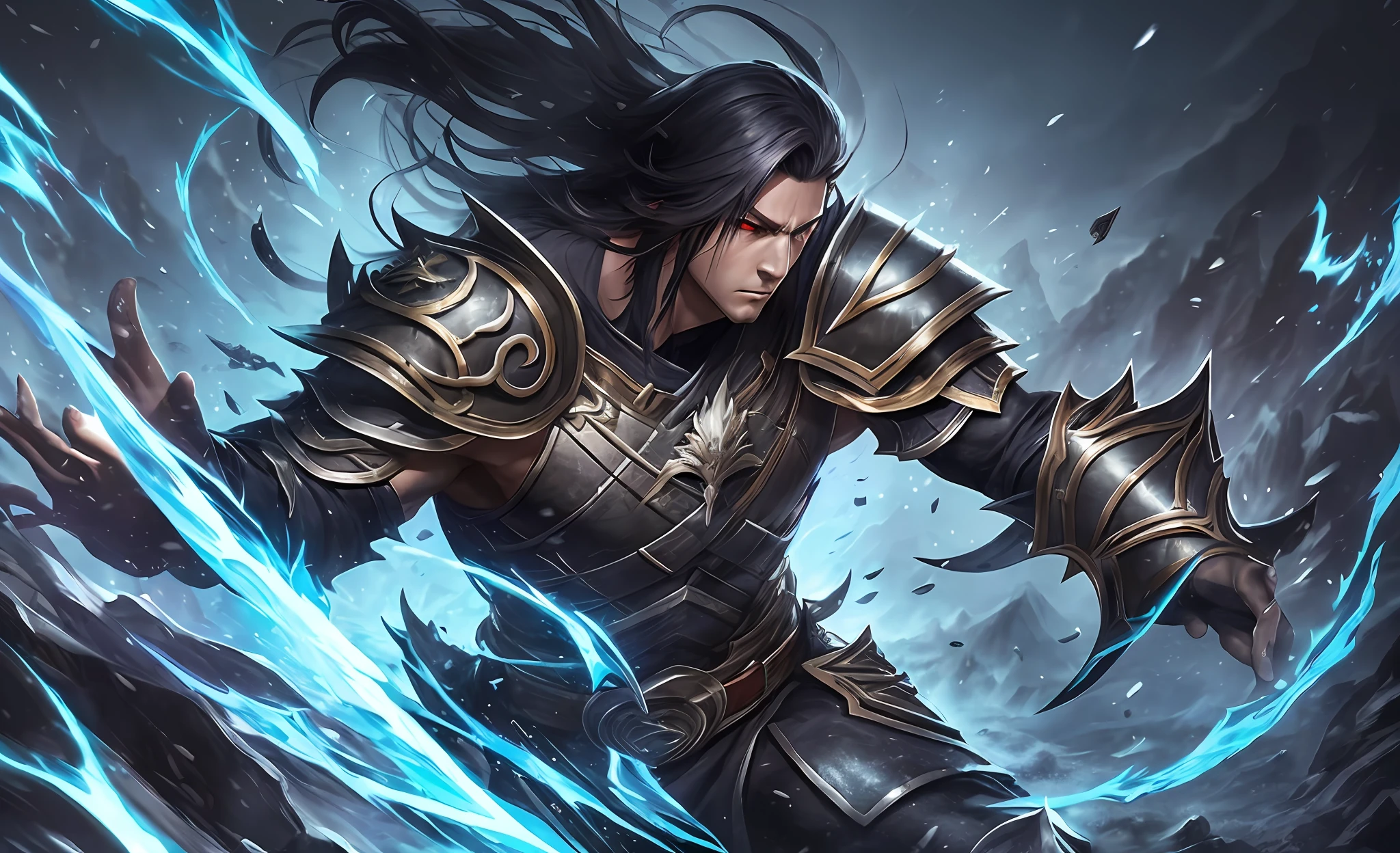 (extremely detailed 8k wallpaper 2D draw),a large shot photo of a fearful ninja, full body scale, white hair, pale skin, red eye iris, high detail, fighting for his life, withe silvered armor, throwing shurikens, red aura, highly detailed body, ((scenario battlefield in a mountain)), splash art