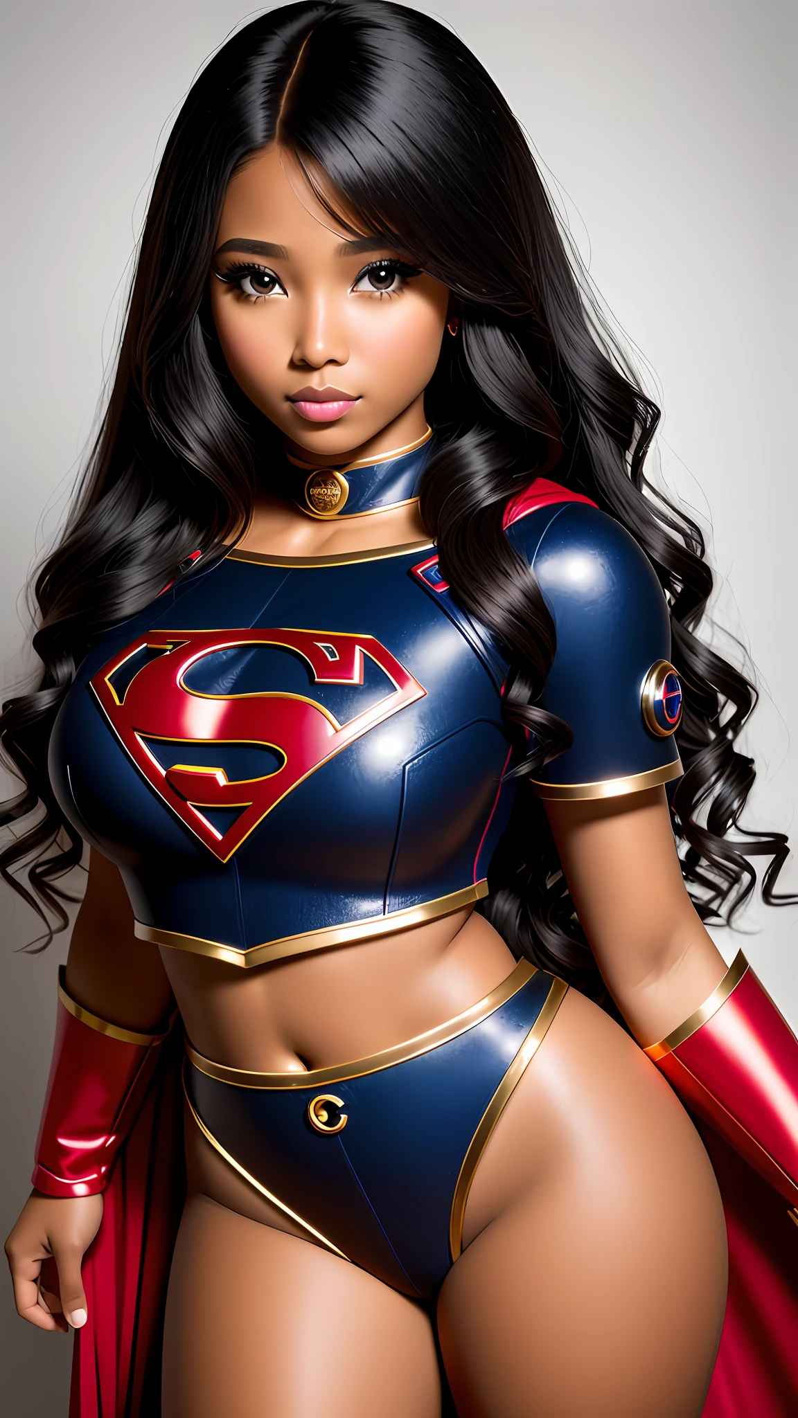 photographic portrait black girl, 35 years old,straightened hair,Chanel from nape of the neck,Supergirl, colorful and realistic round eyes, dreamy magical atmosphere, superheroine costume, (large breasts: 1.3),very tanned