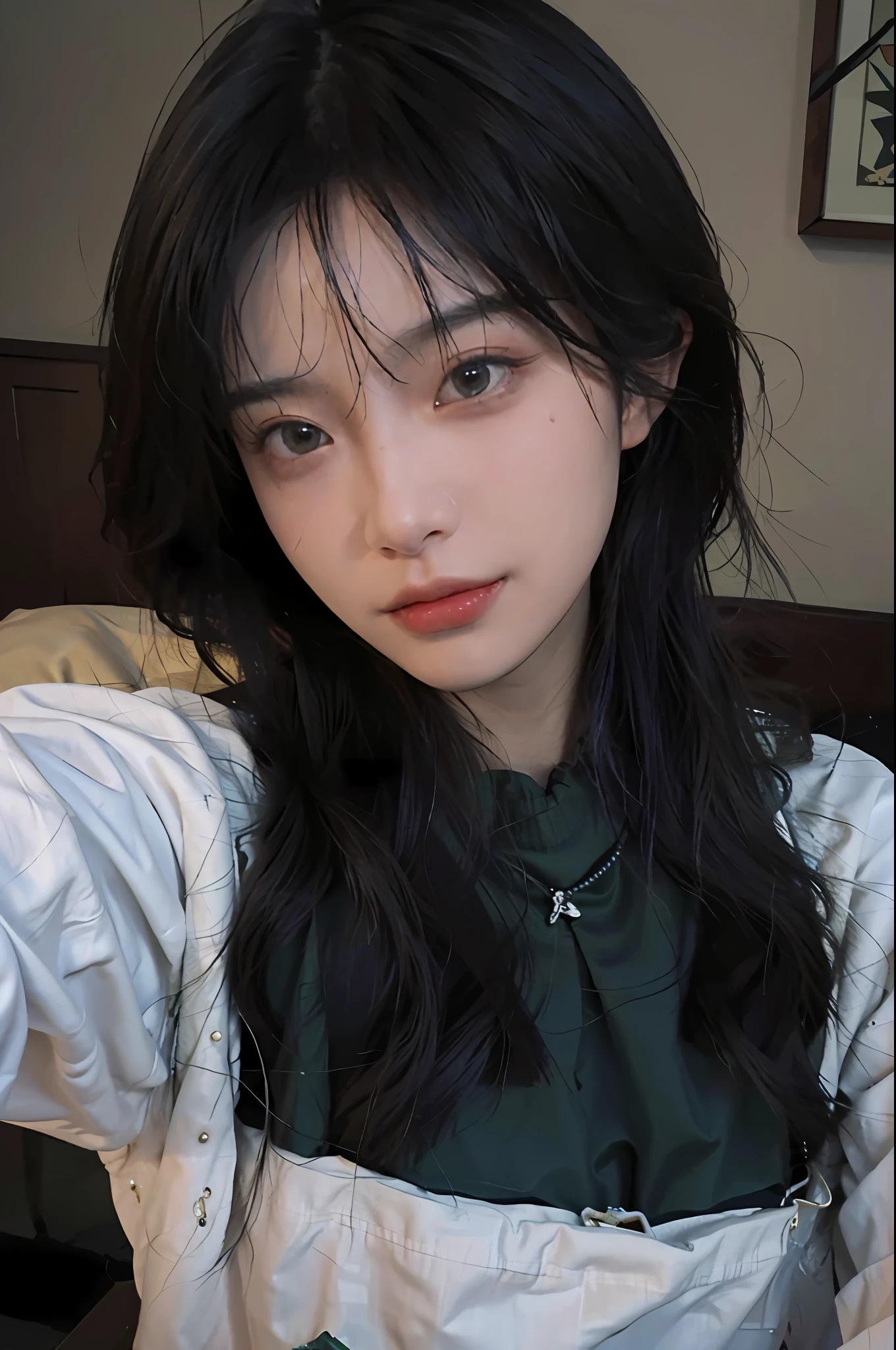 8K, Best Quality, Masterpiece, Ultra High Resolution, (Realism: 1.4), Original Photo, (Realistic Skin Texture: 1.3), (Film Grain: 1.3), (Selfie Angle), 1 Girl, Beautiful Emerald Gemstone Eyes and Exquisite Face Details, Masterpiece, Best Quality, Close-up, Upper Body, Looking at the Viewer