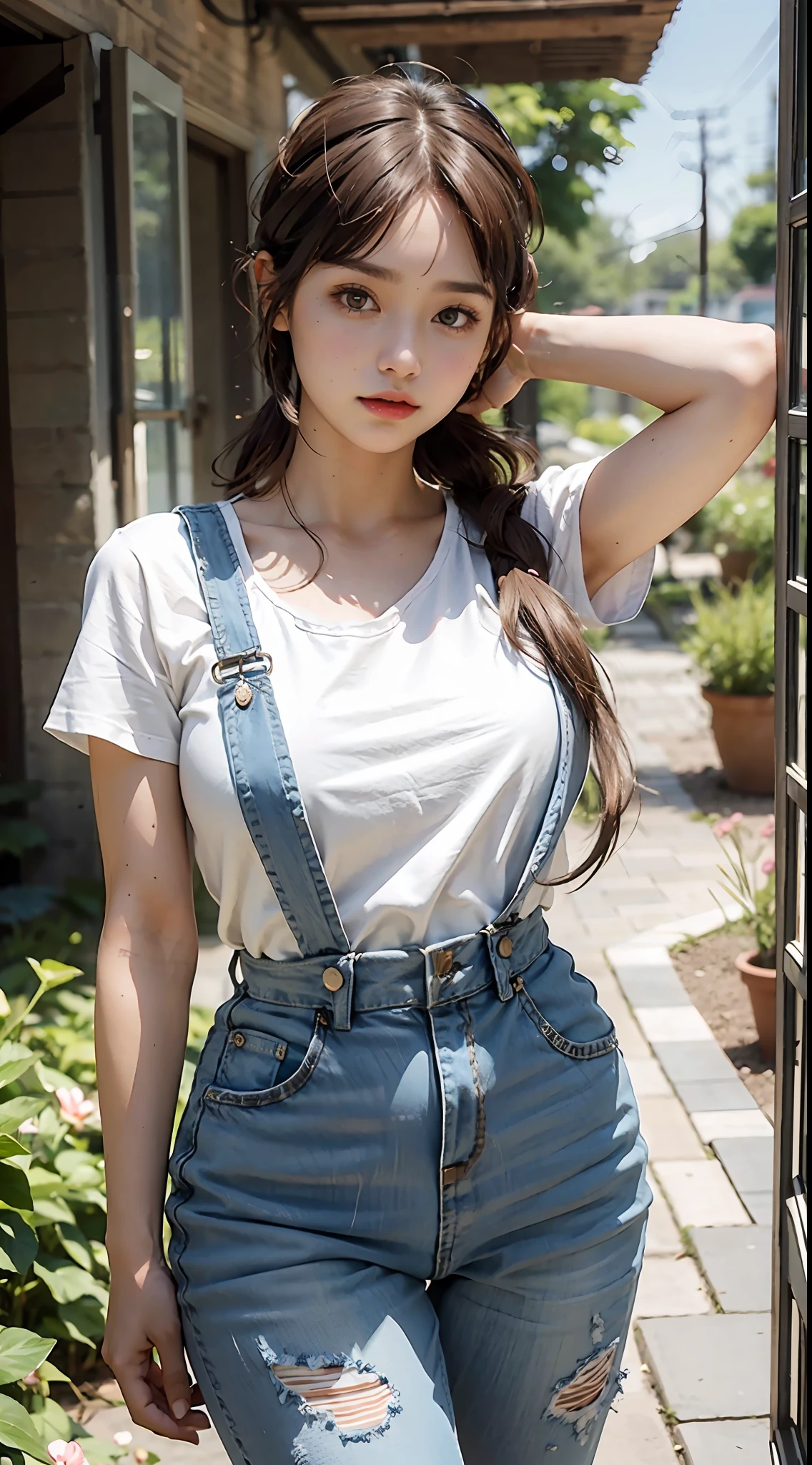 1 pretty girl, white skin, brown hair, denim jumpsuit, white t-shirt underwear, looking at the audience, long hair, garden, brown eyes, reality, curvaceous pose, big breasts