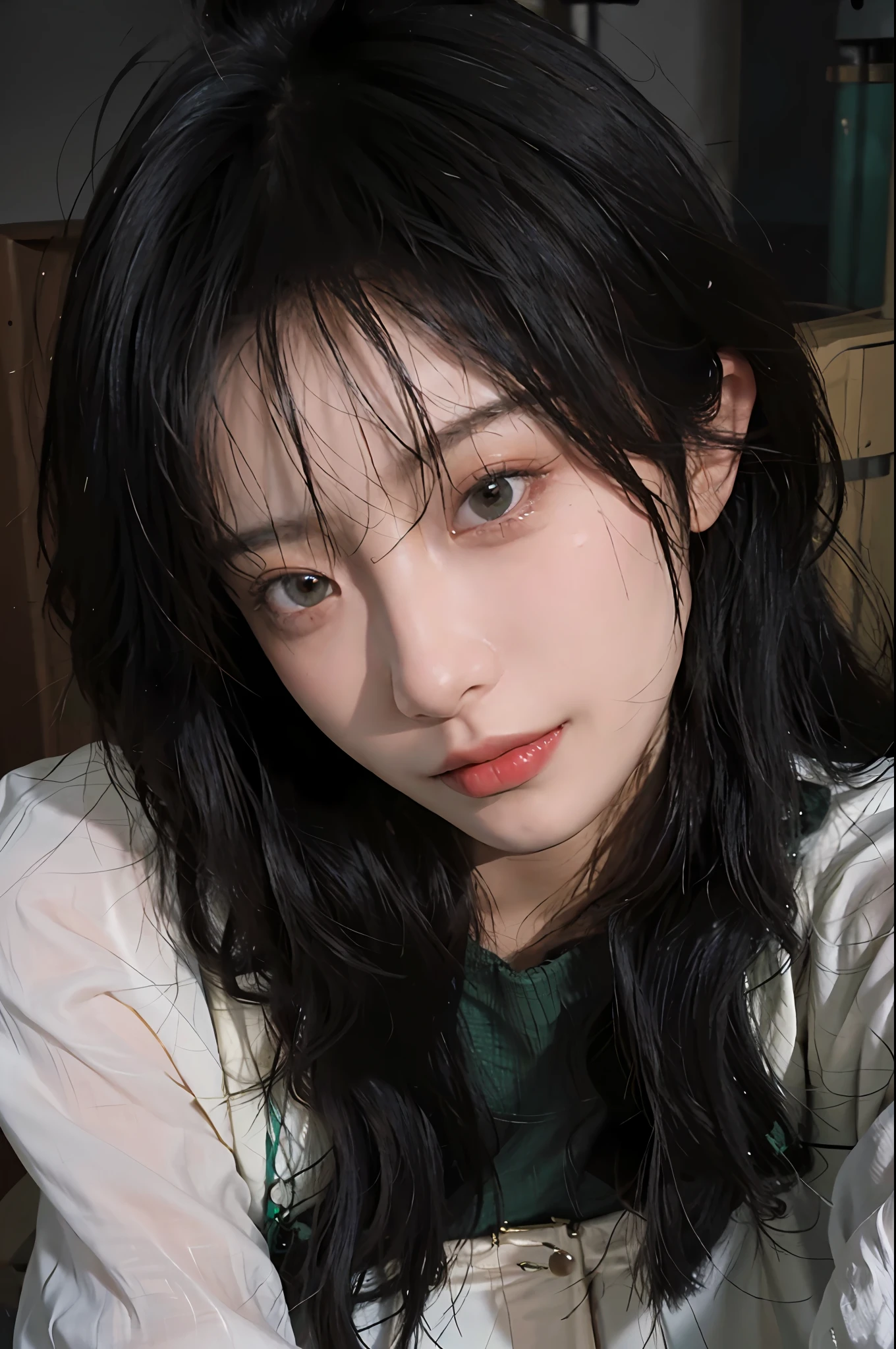 8K, Best Quality, Masterpiece, Ultra High Resolution, (Realism: 1.4), Original Photo, (Realistic Skin Texture: 1.3), (Film Grain: 1.3), (Selfie Angle), 1 Girl, Beautiful Emerald Gemstone Eyes and Exquisite Face Details, Masterpiece, Best Quality, Close-up, Upper Body, Looking at the Viewer