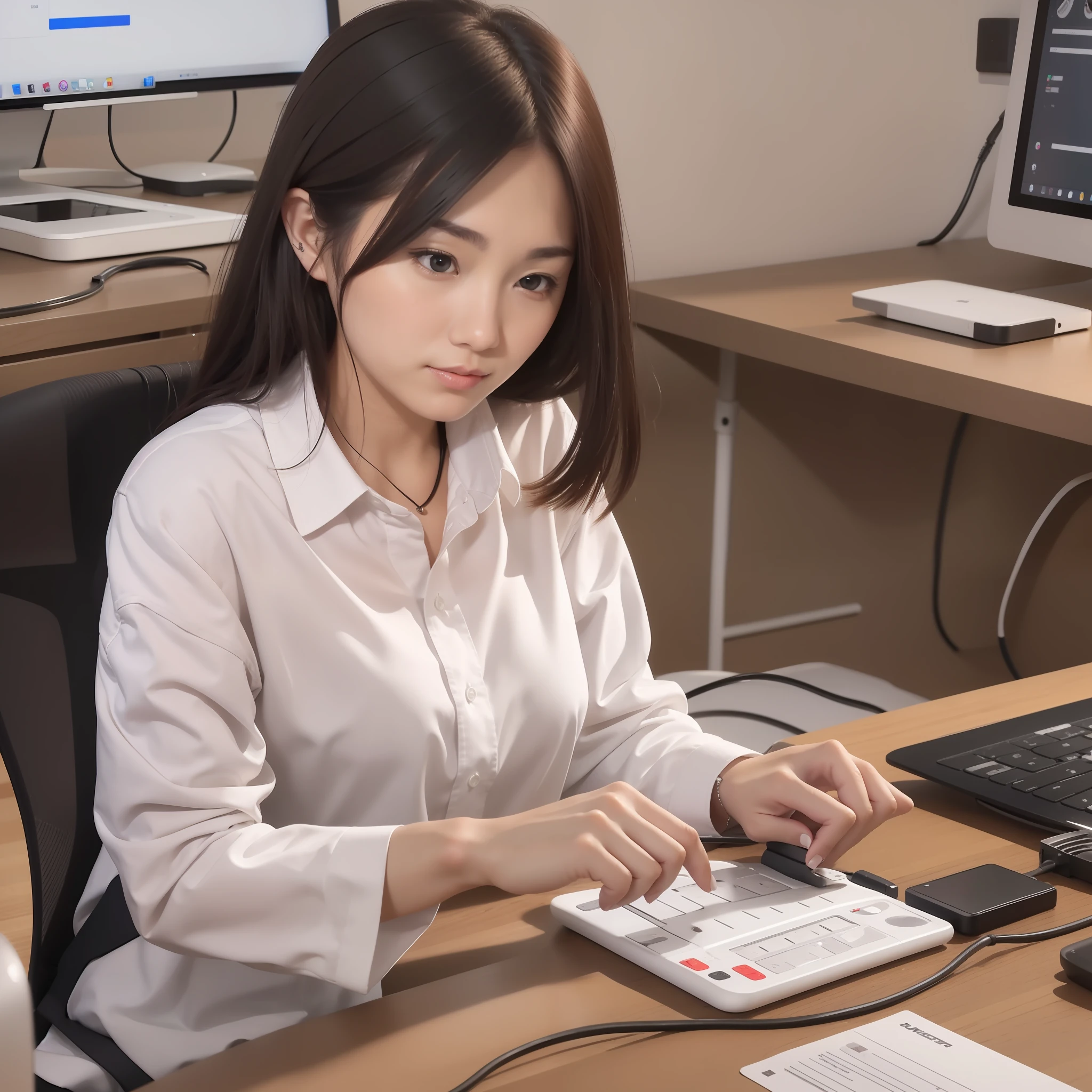 White shirt workplace girl working in office work with MacBook, with a fan on the desktop, and a row plug