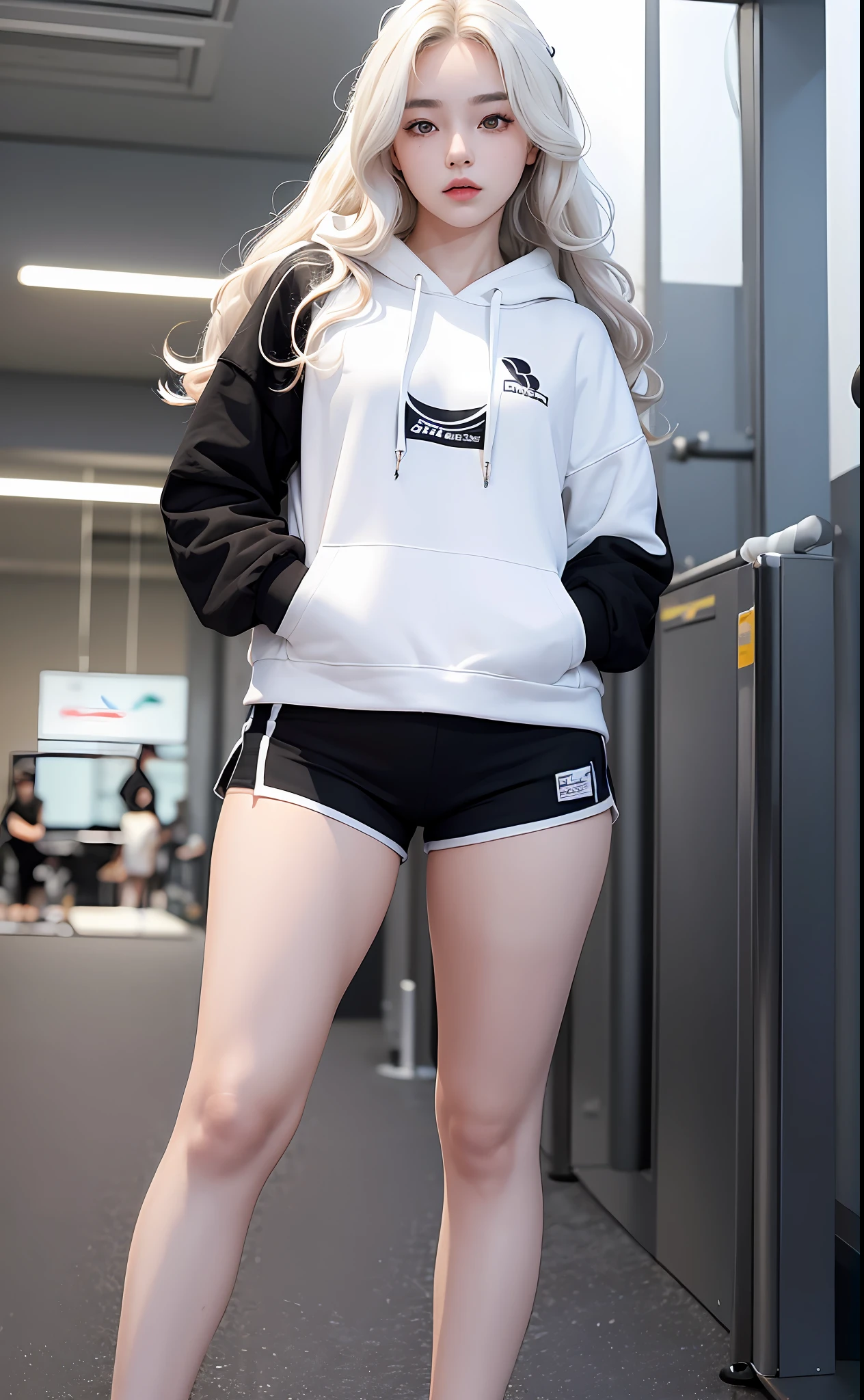 (Masterpiece, realistic, high resolution), (1 girl): 1.2), Korean, ((white wavy hair): 1.3), (heterochromic eyes: 1.1, thick eyebrows,), (white hoodie, black sports shorts), (medium breasts): 1.2, small waist, thighs), catwalk