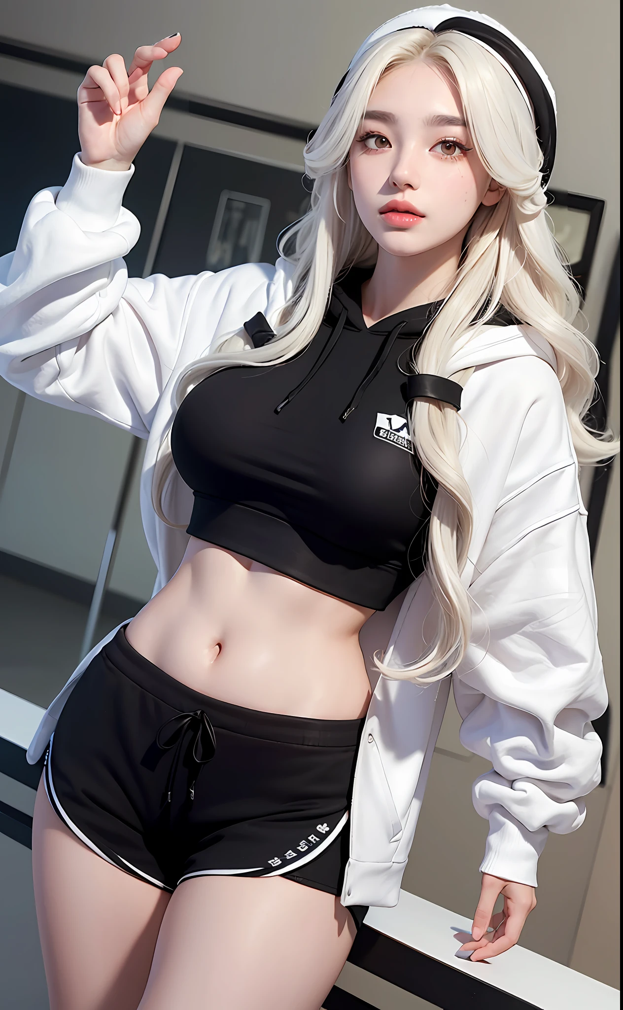 (Masterpiece, realistic, high resolution), (1 girl): 1.2), Korean, ((white wavy hair): 1.3), (heterochromic eyes: 1.1, thick eyebrows,), (white hoodie, black sports shorts), (medium breasts): 1.2, small waist, thighs), catwalk