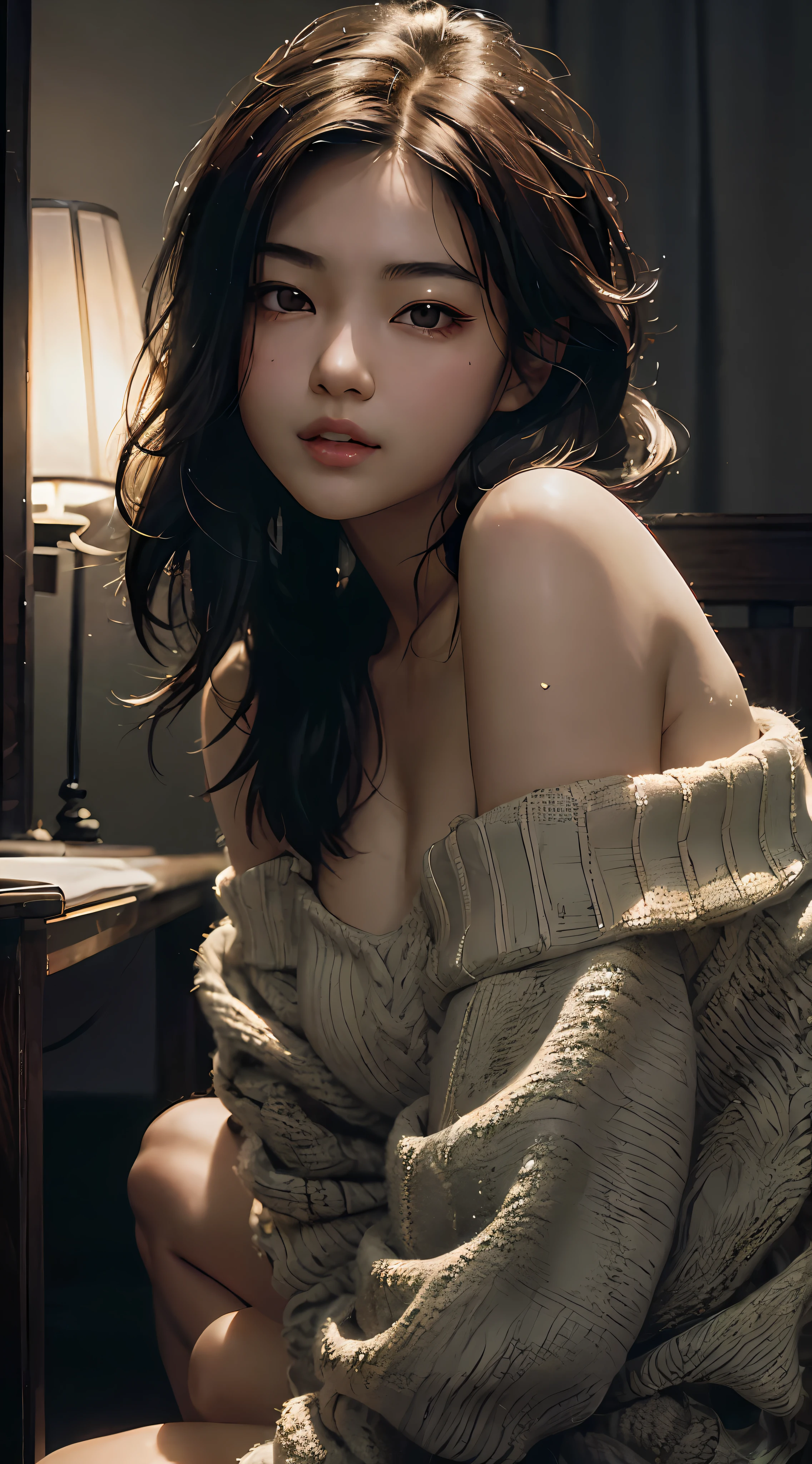 araffed asian woman sitting on a bed in a sweater, beautiful soft lighting, beautiful asian girl, realistic young gravure idol, beautiful detailed body and face, anime. soft lighting, attractive pose, by Jason Chan, by Torii Kiyomoto, beautiful girl model, soft morning lighting, sultry expression, soft light from the side, gorgeous soft lighting