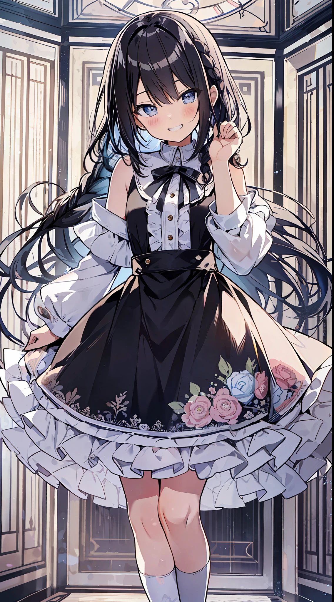 Best Quality, Best Masterpiece, Ultra High Definition, 8k, Crinoline, Shoujo Manga Style Loli, Single, Soft Line Art, Digital Enhancement, Shoujo Manga Touch, Shoujo Manga Core, Flowing Fabric, Close Up, ((Hair length to shoulder mouth and short braid)), staring at us from the front, soft drawing, Beautiful black hair, Clear eyes, grin, teeth, wide mouth, ultra-detailed digital anime art, clear face depiction, ultra-detailed shoujo manga character art, ultra-detailed manga style, top quality colors, hand gestures, foot-up angles, indoor
