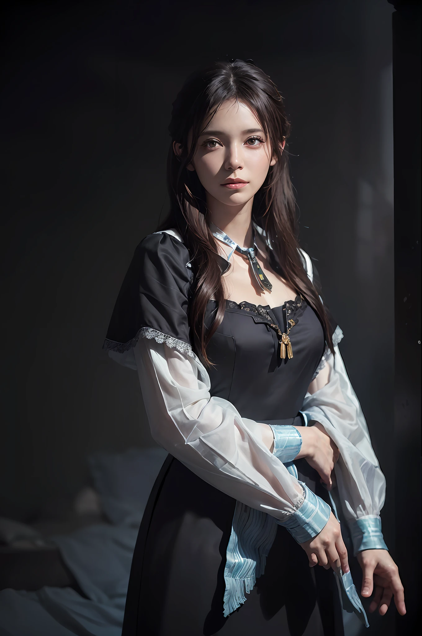 (front focus), (in the dark:1.6), Hyperrealist portrait of female by david hockney and alphonse mucha, fantasy art, photo realistic, dynamic lighting, artstation, poster, volumetric lighting, very detailed faces, 4 k, award winning, 1girl, in the dark, deep shadow, low key, cowboy shot, (official clothing:1.4), long hair, white hair
