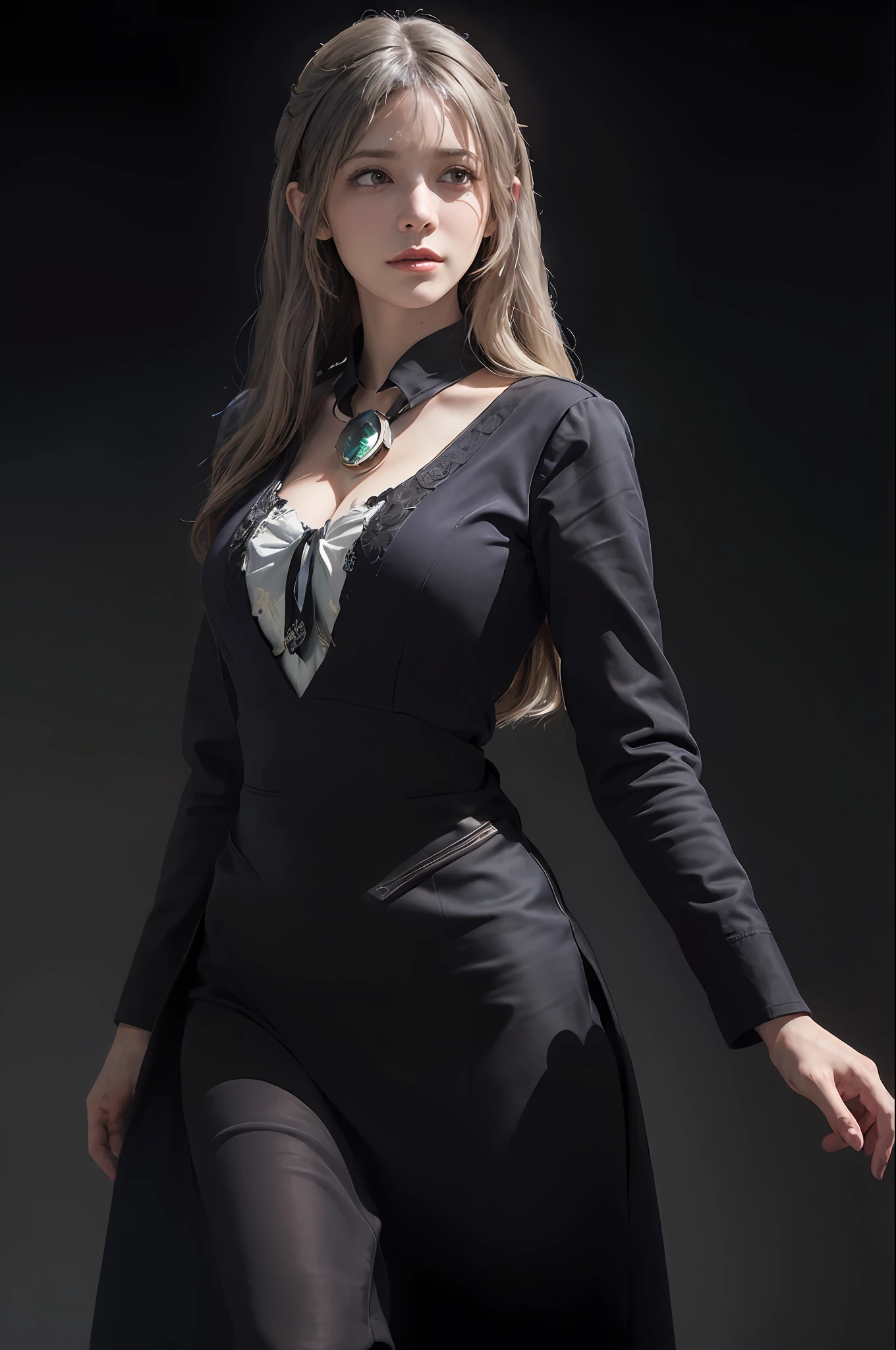 (front focus), (in the dark:1.6), Hyperrealist portrait of female by david hockney and alphonse mucha, fantasy art, photo realistic, dynamic lighting, artstation, poster, volumetric lighting, very detailed faces, 4 k, award winning, 1girl, in the dark, deep shadow, low key, cowboy shot, (official clothing:1.4), long hair, white hair