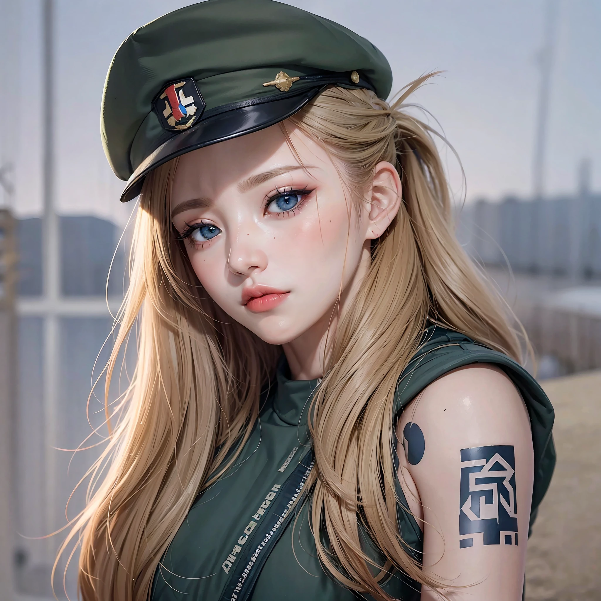 "Realistic Russian girl, age 18, face is blushing and her lips are glossy, realistic portrait, masterpiece of the best quality, Beautiful soldier girl , wearing soldier outfit, black tank top, very white skin, blonde long hair, scar, mole, medium breast, She ties her hair with her hand to ponytail, two hands up behind the head , sunlight, blue eyes, eyeliner, beautiful eyelashes, In the army, female soldier, female soldier clothing , full body shot, Bruises on the skin , scars on the face and cuts, long soldier pants, Boot shoes, techwear, Training camp background, tattoos