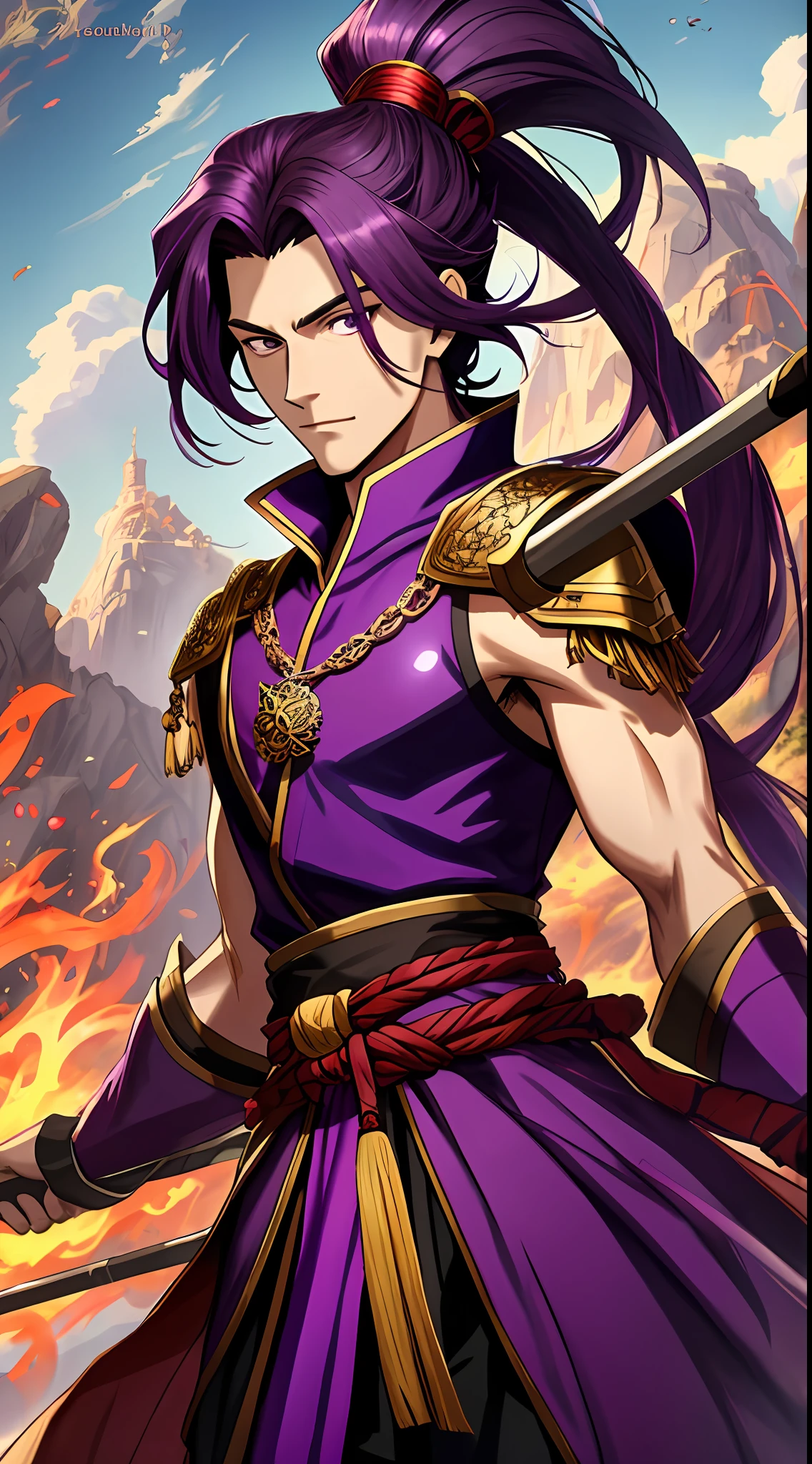 Tall guy, short dark purple hair, high ponytail, purple eyes, Monkey King clothes, open chest, battle staff, masterpiece, high quality