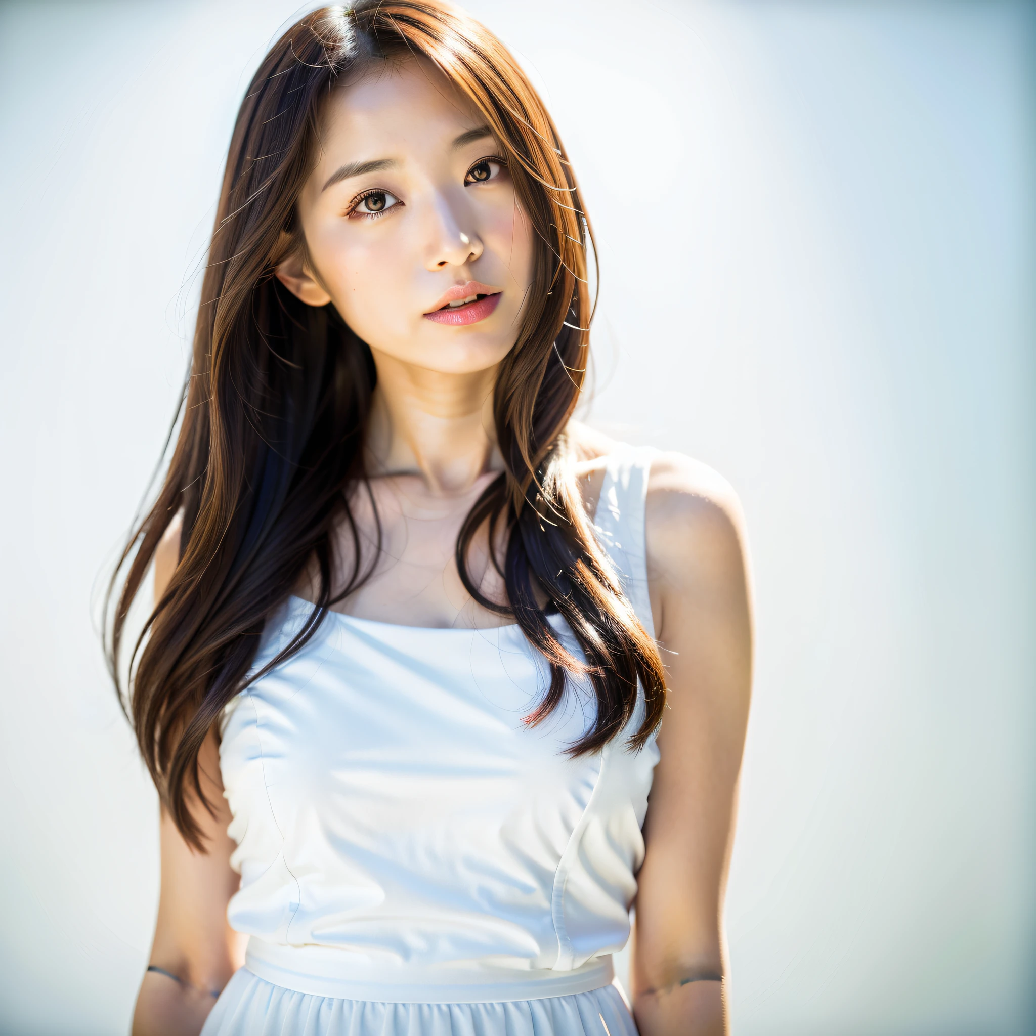 8K, One beautiful girl, Japan person, white background, 35mm lens, f/1.8, long hair, white dress, upper body, photo