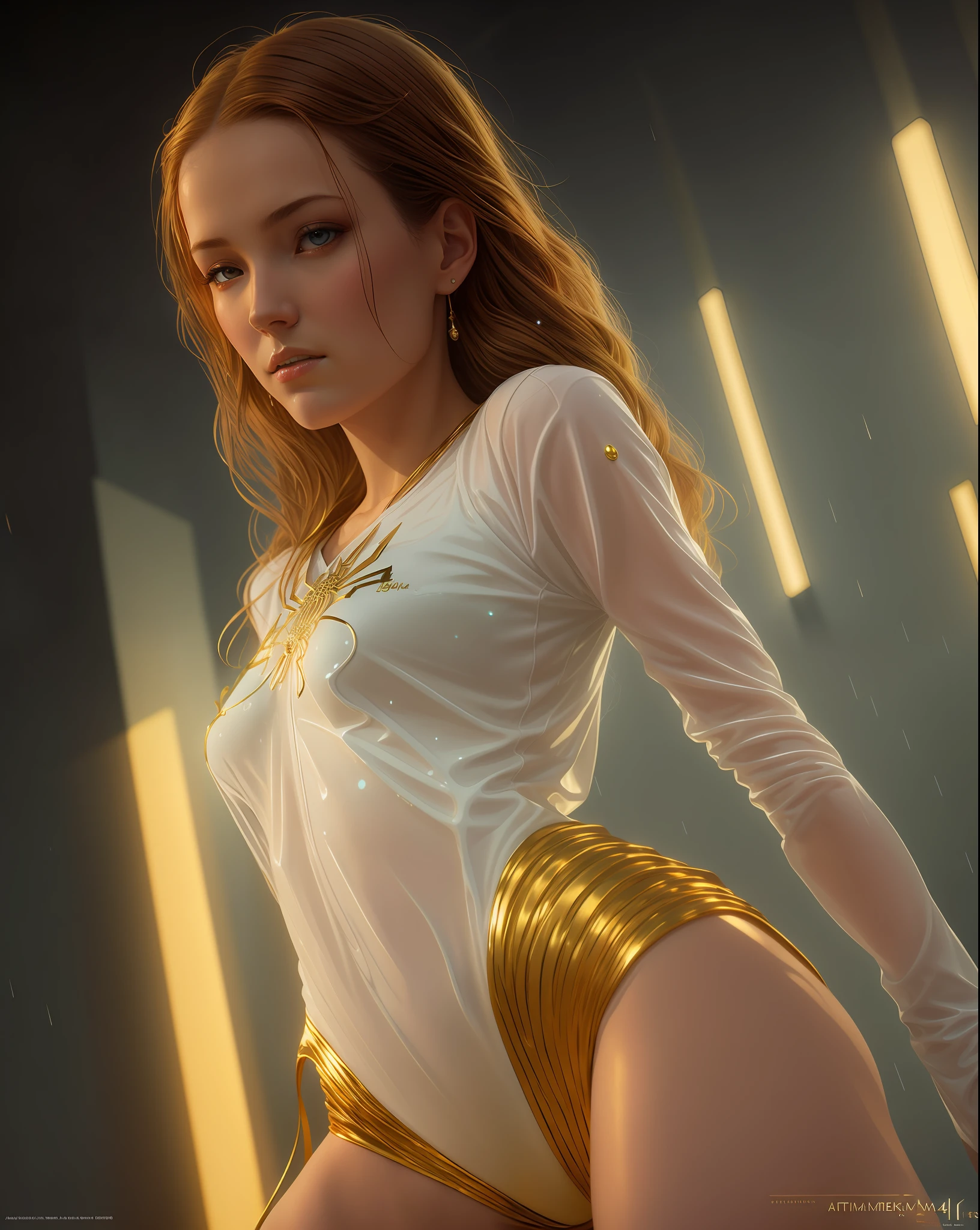 golden and white, spider man, drip outfit, heavy rain, magical, highly detailed, trending on artstation, unreal engine 4 k, cinematic wallpaper by stanley artgerm lau, wlop, rossdraws, james jean, andrei riabovitchev, marc simonetti, yoshitaka amano. background by james jean and gustav klimt, light by julie bell, 4 k, porcelain skin, style of zdislaw beksinski, detailed, 8k, dynamic lighting, white chromatic aberration, soaking wet