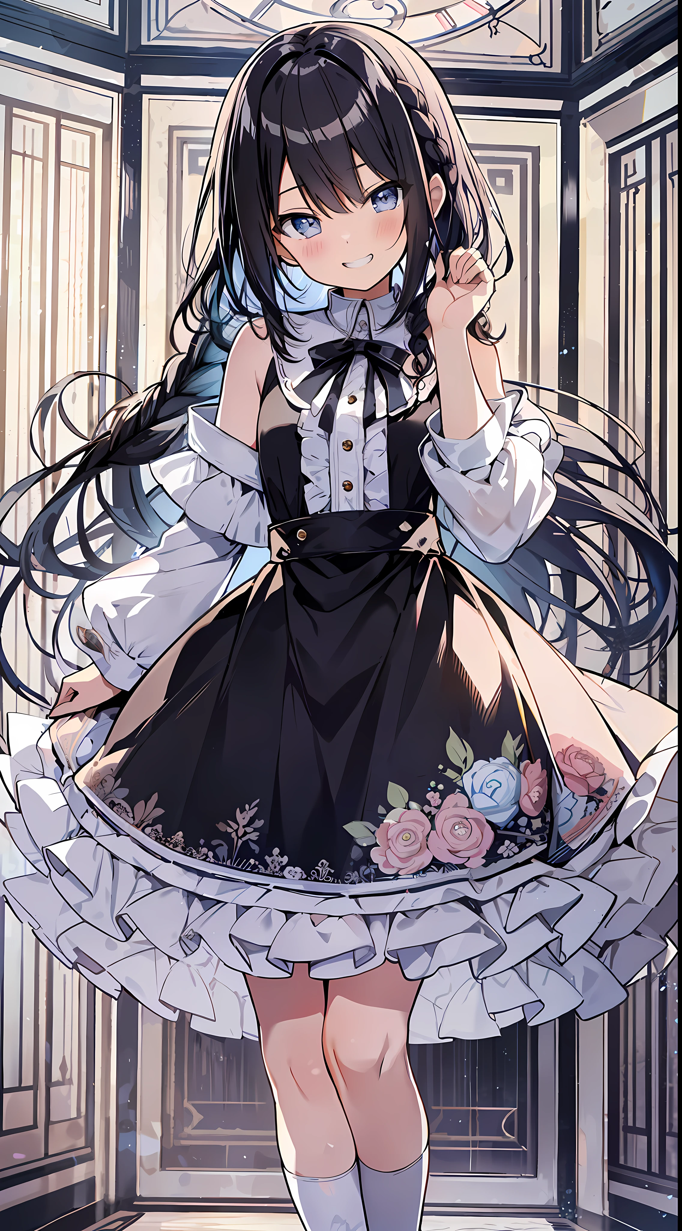 Best Quality, Best Masterpiece, Ultra High Definition, 8k, Crinoline, Shoujo Manga Style Loli, Single, Soft Line Art, Digital Enhancement, Shoujo Manga Touch, Shoujo Manga Core, Flowing Fabric, Close Up, ((Hair length to shoulder mouth and short braid)), staring at us from the front, soft drawing, Beautiful black hair, Clear eyes, grin, teeth, wide mouth, ultra-detailed digital anime art, clear face depiction, ultra-detailed shoujo manga character art, ultra-detailed manga style, top quality colors, hand gestures, foot-up angles, indoor