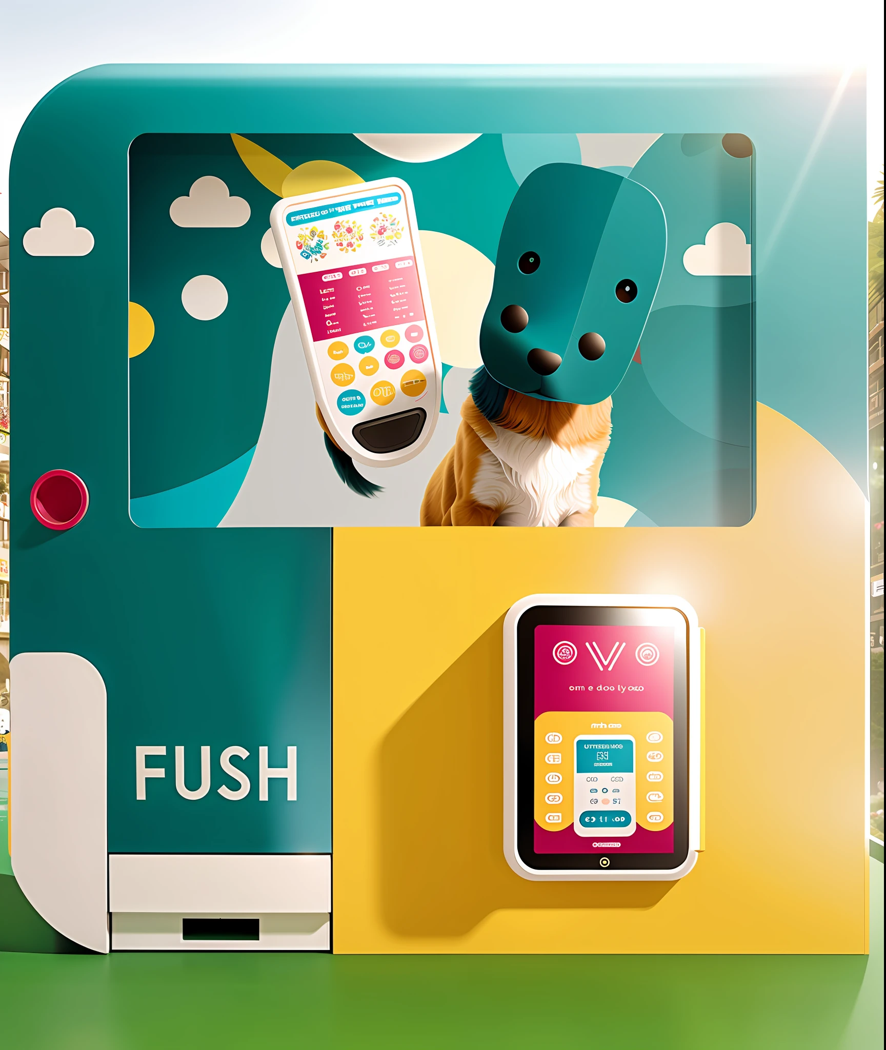 Dog food vending machine, panel centered, official product image, the upper large screen is the advertising screen non-body, the small screen at the bottom right is the card machine, the fuselage has the style of a dog, there are reasonable elements with graphic design on the fuselage, the color can be matched with blue and white, and the overall style is more cute and lively