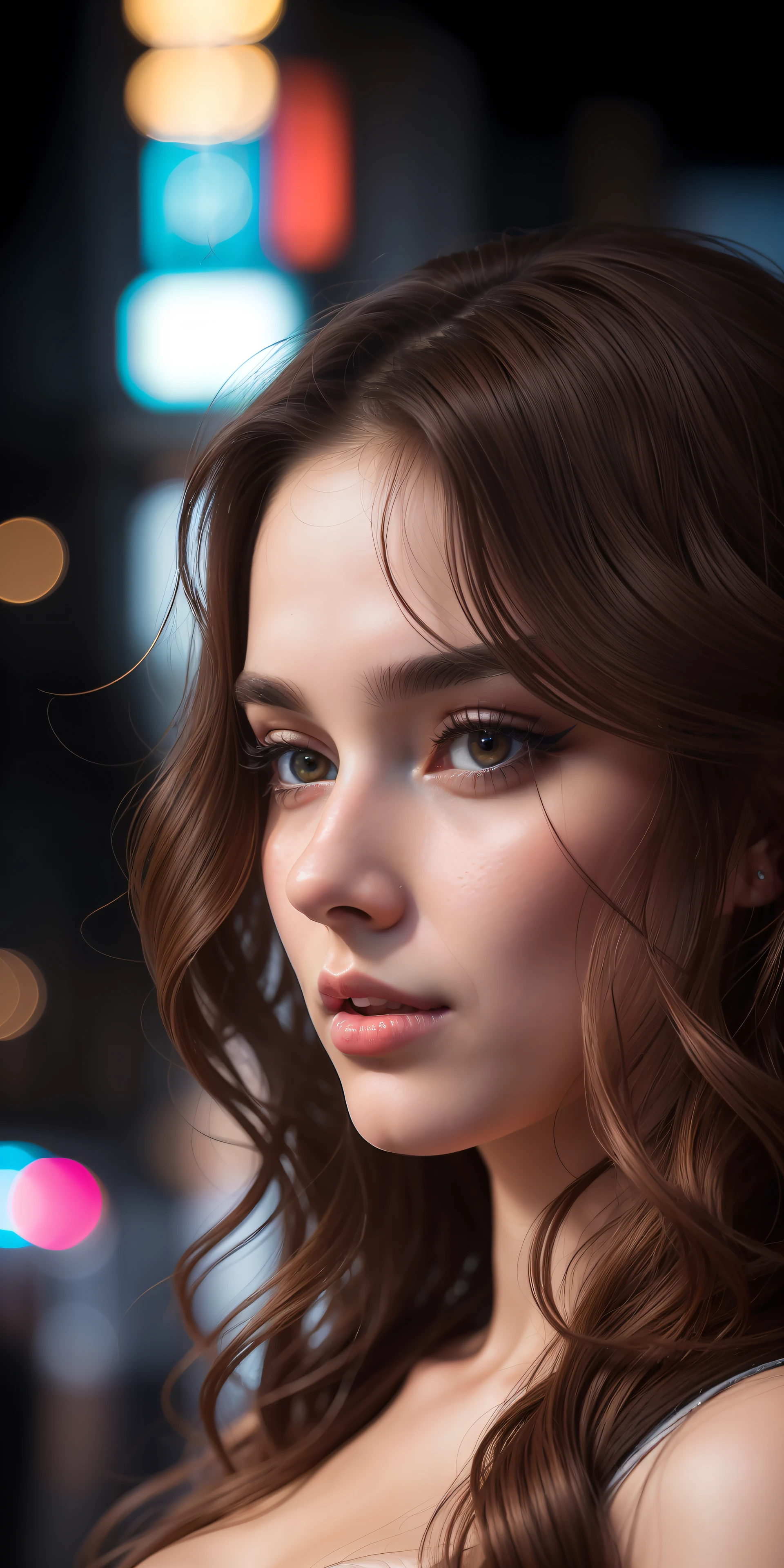close up full face portrait photo of a 25 years old european girl, RAW, beautiful woman, half-open strawberry lips, dimples, longing gaze, (extra long wavy brown hair), ((detailed face)), ((detailed facial features)), (finely detailed skin), pale skin, (detailed deep cleavage high tech cyberpunk dress), cyberpunk megacity environment, (cold colors), damp, moist, reflections, (masterpiece) (perfect proportion)(realistic photo)(best quality) (detailed) photographed on a Canon EOS R5, 50mm lens, F/2.8, HDR, (8k) (wallpaper) (cinematic lighting) (dramatic lighting) (sharp focus) (intricate)