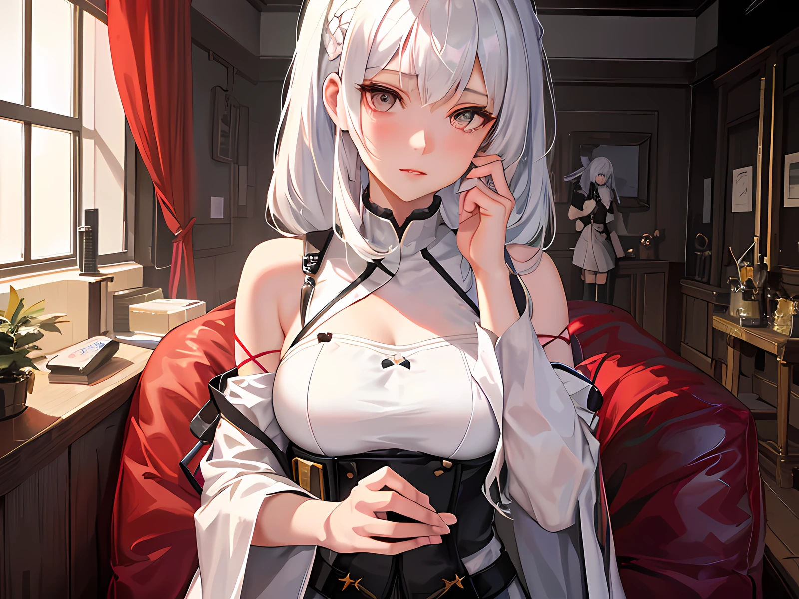 anime girl holding a picture of herself in a room, from girls frontline, girl with white hair, kawacy, fine details. girls frontline, girls frontline cg, detailed digital anime art, anime visual of a cute girl, anime visual of a young woman, kantai collection style, white haired deity, artwork in the style of guweiz