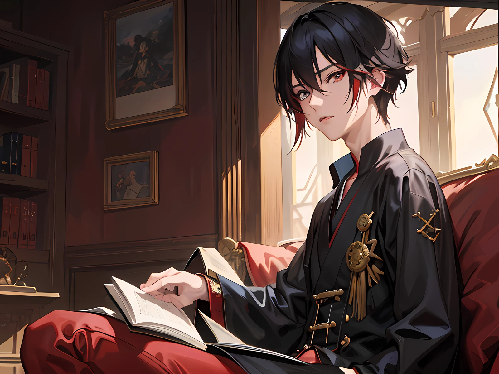 anime character sitting on a red couch reading a book, kawacy, anime moe artstyle, by Yang J, young anime man, shigenori soejima illustration, handsome guy in demon slayer art, artwork in the style of guweiz, anime art wallpaper 8 k, painted in anime painter studio, anime art wallpaper 4 k, anime art wallpaper 4k