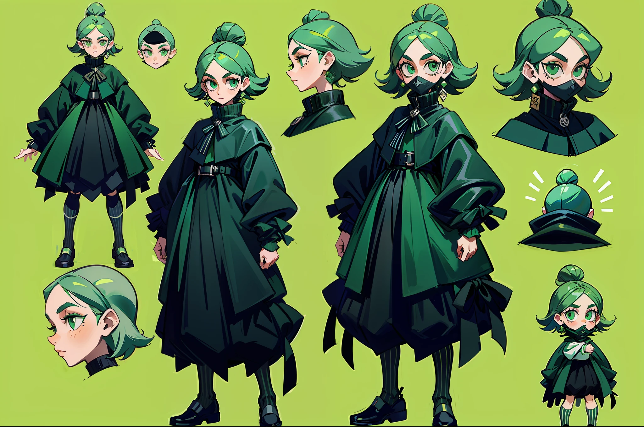 Bank robber styled clothing girl wearing poncho black color scheme with hint of emerald green goofy hair wearing black mask pockets all over outfit fullbody criminal holding whip standing at camera tall character concept art sheet green and black striped socks