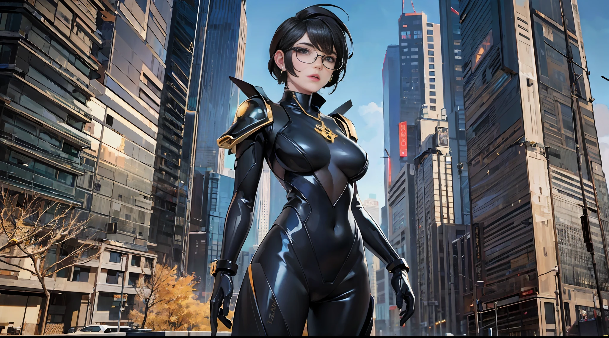 full body picture Unreal Engine 5 8K UHD Octane, fractal, pi, realistic beautiful girl, face detailed, wearing cyberpunk futuristic black latex catsuit, gold lace, latex glove, earrings, short hair, gold necklace, glasses, best quality, masterpiece