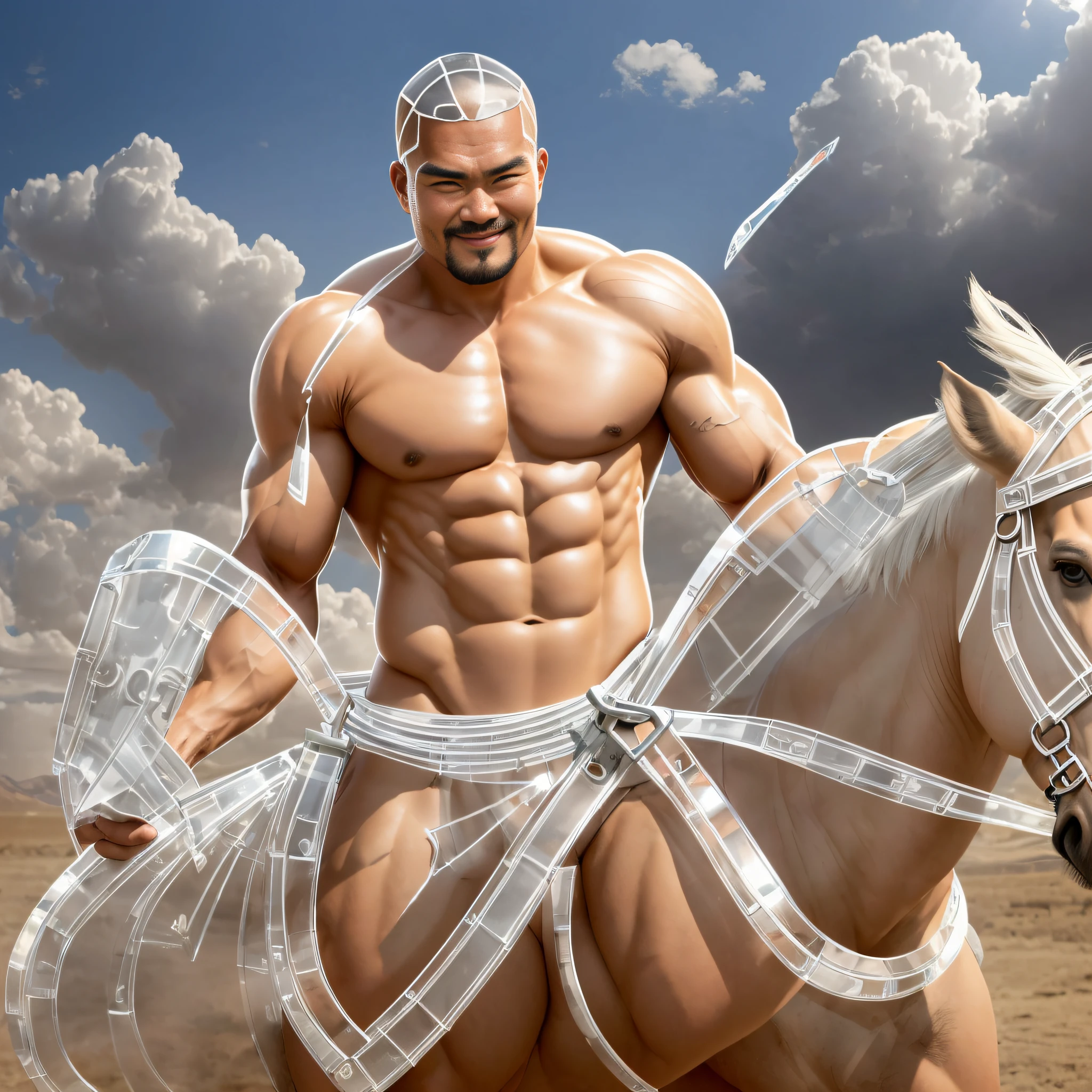A strong Mongolian man, (((No clothes, only a pair of white transparent tongs))))), full body display, 33-year-old young man, showing perfect muscles and curves, perfect facial features, smiling, muscular man, style coming, spirited, the background is a horse, ancient Mongols, Mongols, glory moments --auto --s2