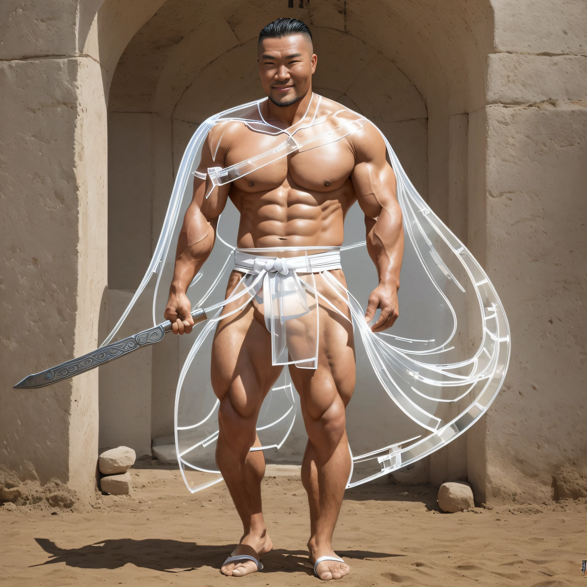 A strong Mongolian man, (((No clothes, only a pair of white transparent tongs))))), full body display, 33-year-old young man, showing perfect muscles and curves, perfect facial features, smiling, muscular man, style coming, spirited, the background is a horse, ancient Mongols, Mongols, glory moments --auto --s2