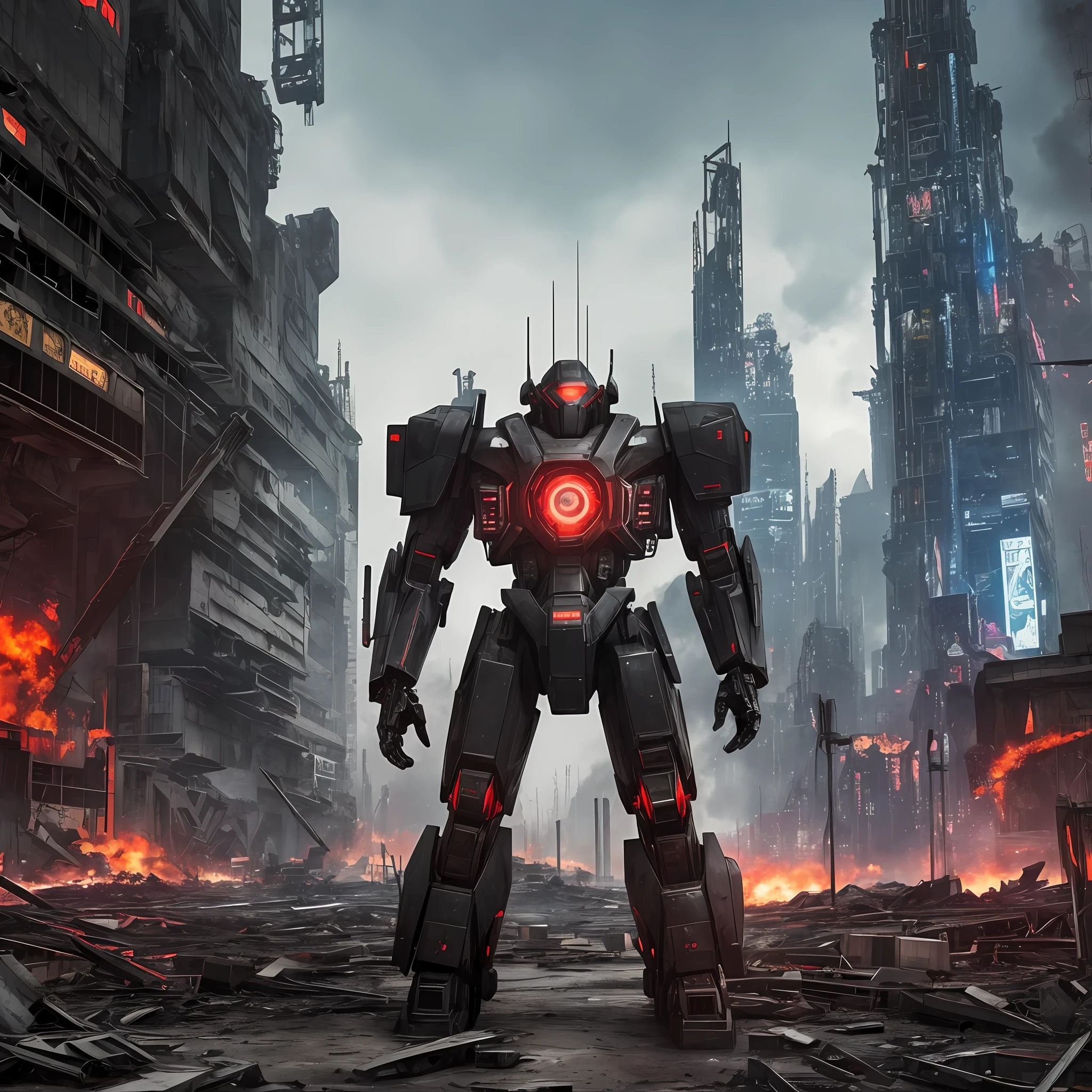 Black mech, metallic texture, six meters high, standing in the ruins, red eyes, red warning lights, full of desperate scenes, ruin, 4K HD quality, blood stains and damage on the mecha, realistic movie rendering, hyper-realistic, cyberpunk mecha, steam engine, giant robot --auto --s2