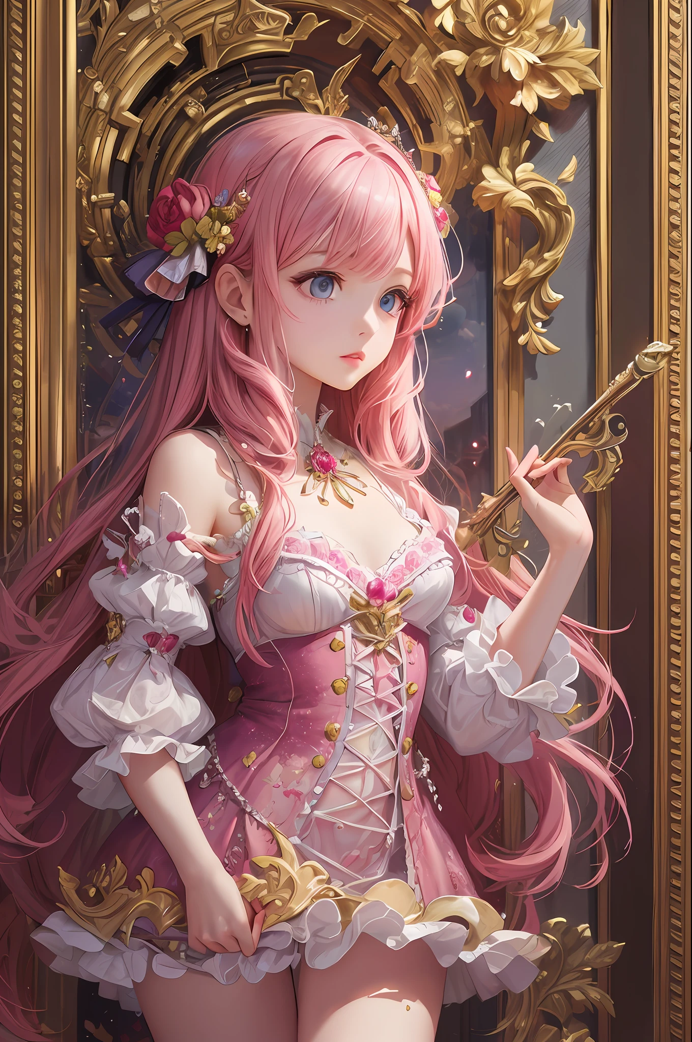 ( Absurd , High quality , ultra detailed, masterpiece, concept art, smooth, highly detailed artwork, hyper realistic painting ) Dreamy , Romantic , Vivid, girl , pink , strawberry, strawberry shortcake character, cute , whole body , colorful