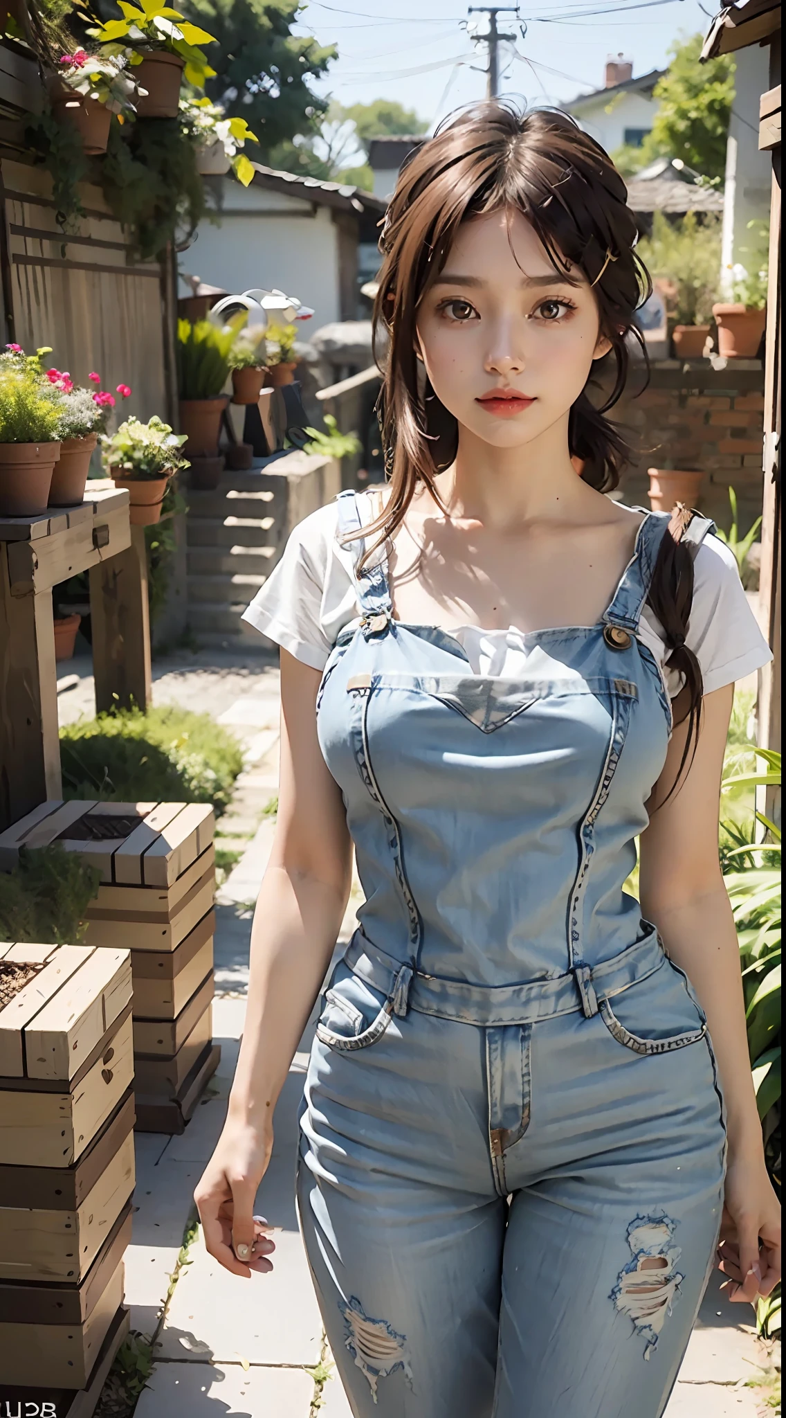 1 pretty girl, white skin, brown hair, denim jumpsuit, white t-shirt underwear, looking at the audience, long hair, garden, brown eyes, reality, curvaceous pose, big breasts