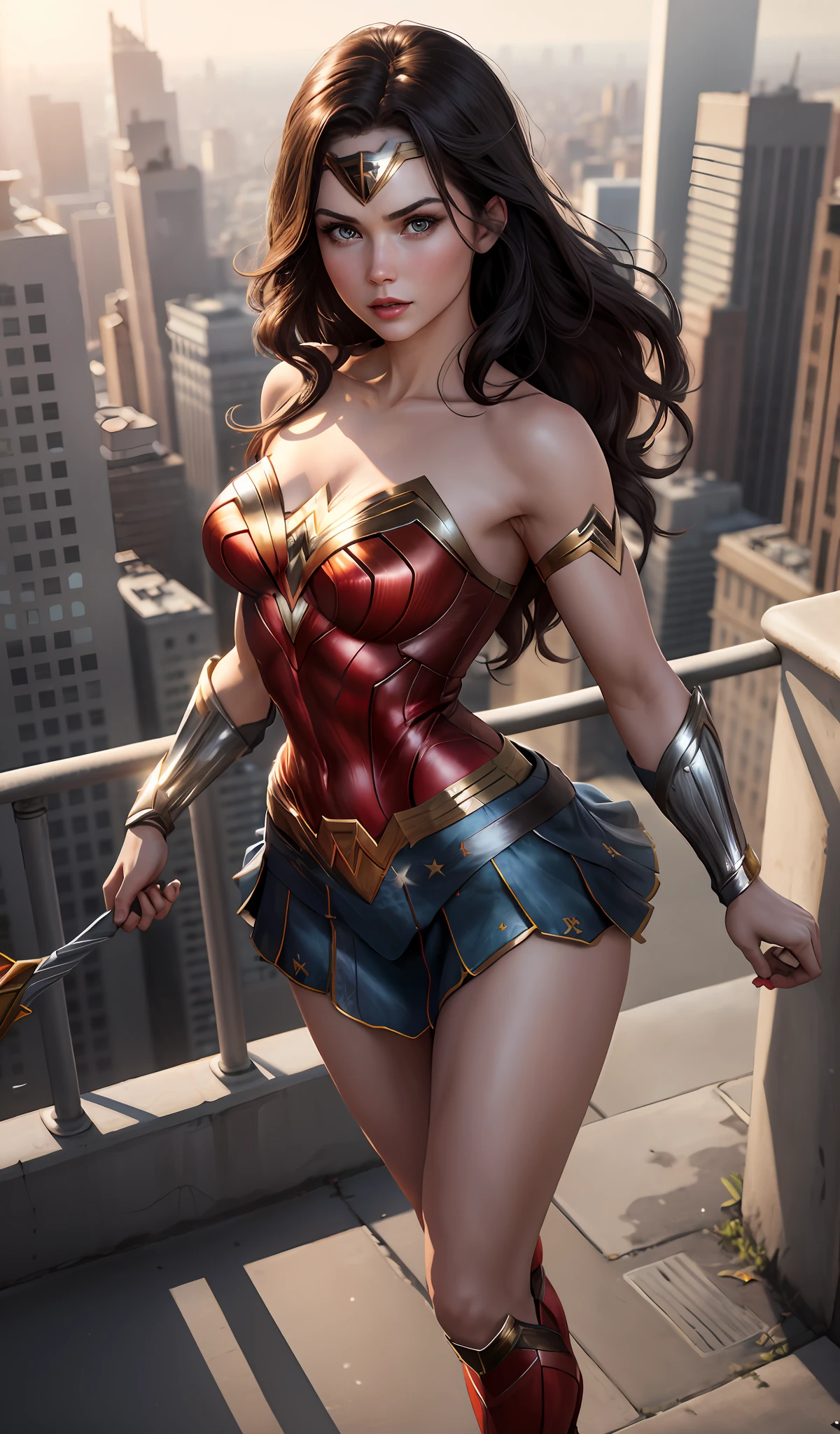 4k, realistic, charismatic, lots of detail, there is a girl at the top of the city, wearing the costume of Wonder Woman, she is a brunette with veedic eyes, white superhero theme,, 25 years old, full body, perfect breasts, halo showing, small outfit. Sexy, sexy.