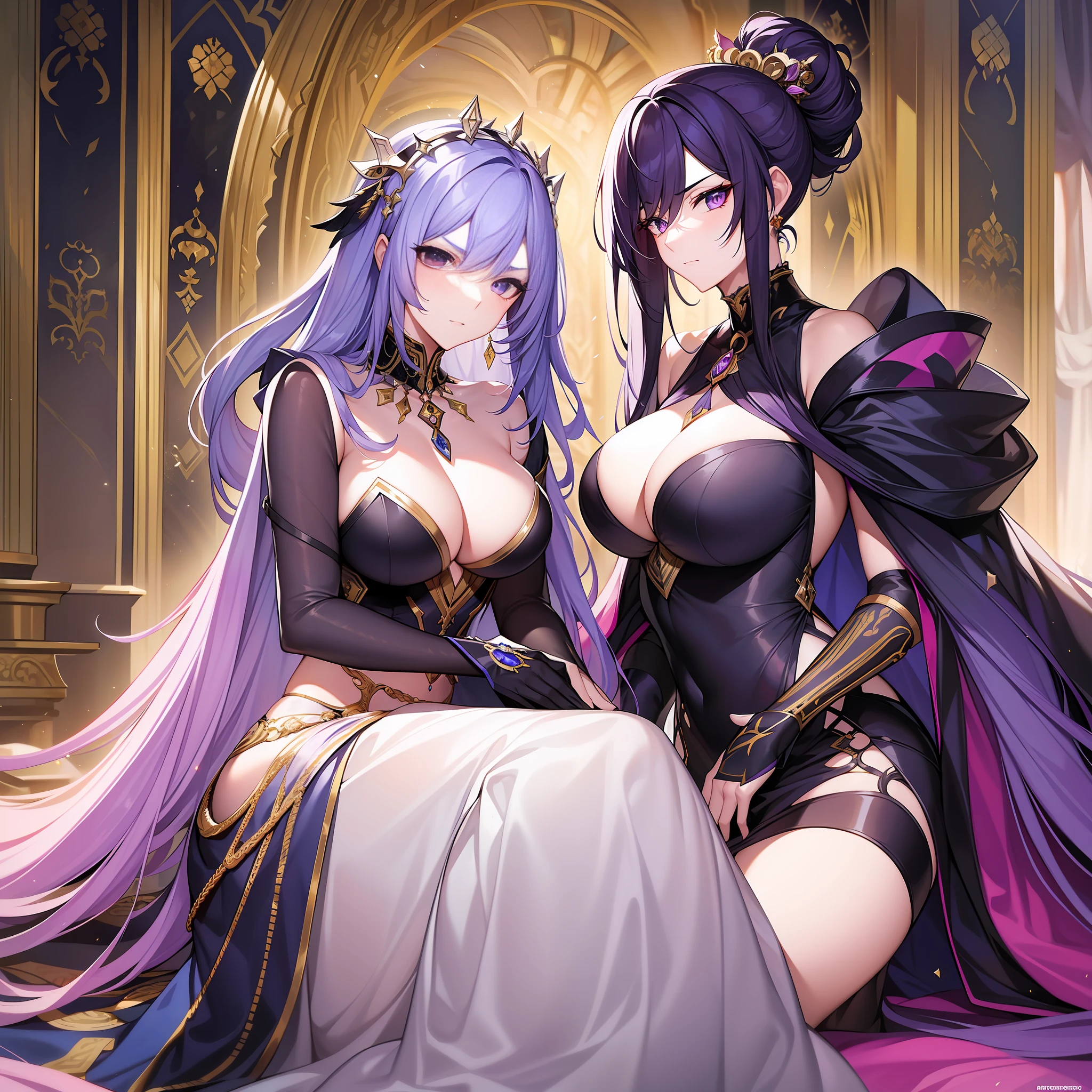 In this magnificent palace, three female emperors stand side by side, each with their own temperament and charm.
One of the female emperors had long black hair, a beautiful face, and eyes like stars, inadvertently exuding a majestic and inviolable attitude, highlighting her kingly style. She wore a black luxurious robe and a white cape, looking very imposing and dignified.
The other female emperor has white hair like snow and deep eyes, making it impossible to peek into her heart. Although it is a white robe, the stylish design makes her look vibrant, noble and elegant. Her aura is elegant and charming, and everything is under control.
The third female emperor wore a gorgeous purple robe, with picturesque eyebrows and a beautiful face. Her temperament is gentle but delicate, exuding a touch of power and mystery. The purple-haired female emperor is addictive, appears both noble and charming.
The background of the three female emperors is a spacious palace with a variety of exquisite tapestries and works of art on the walls, highlighting their taste and magnificence. Their breath is strong, and they have experienced each other, as if fierce battles will occur at any time, but they do not invade each other, forming a situation in which their monarchy does not invade each other.
The whole picture creates an atmosphere that makes people feel the nobility and glory of the female royal family, and also conveys their domineering and arrogance.