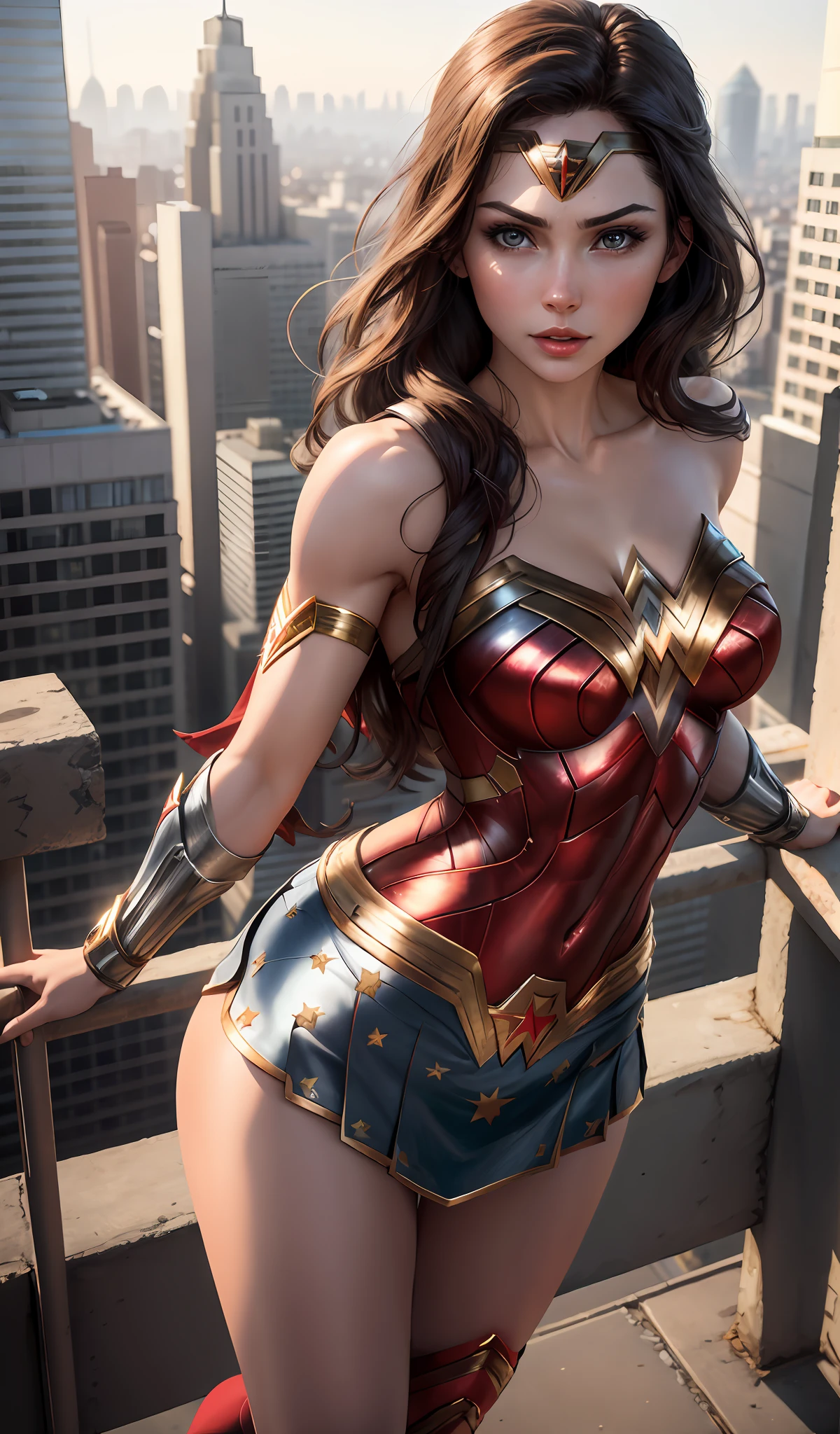 4k, realistic, charismatic, lots of detail, there is a girl at the top of the city, wearing the costume of Wonder Woman, she is a brunette with veedic eyes, white superhero theme,, 25 years old, full body, perfect breasts, halo showing, small outfit. Sexy, sexy.