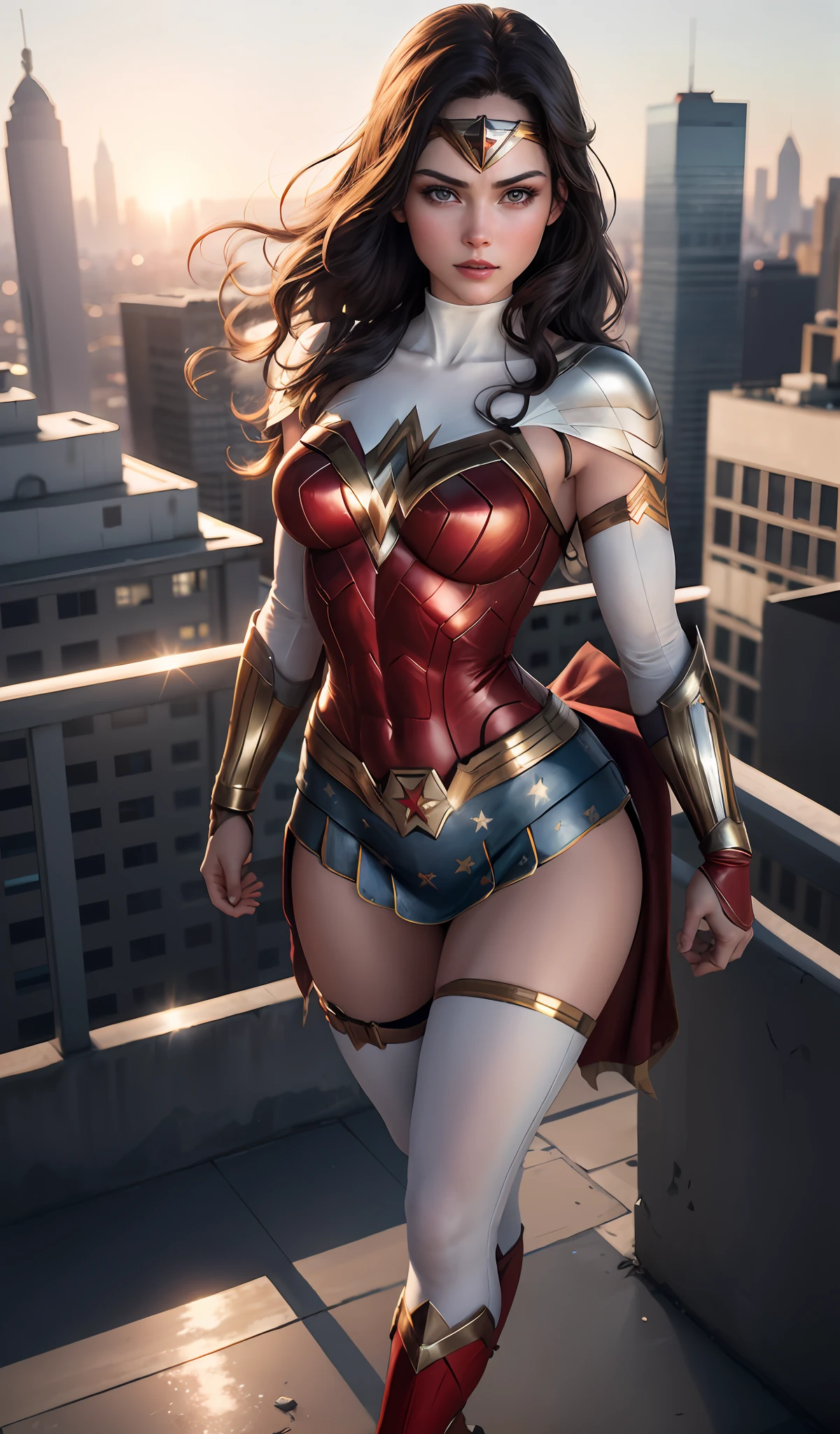 4k, realistic, charismatic, lots of detail, there is a girl at the top of the city, wearing the costume of Wonder Woman, she is a brunette with veedic eyes, white superhero theme,, 25 years old, full body, perfect breasts, halo showing, small outfit. Sexy, sexy.