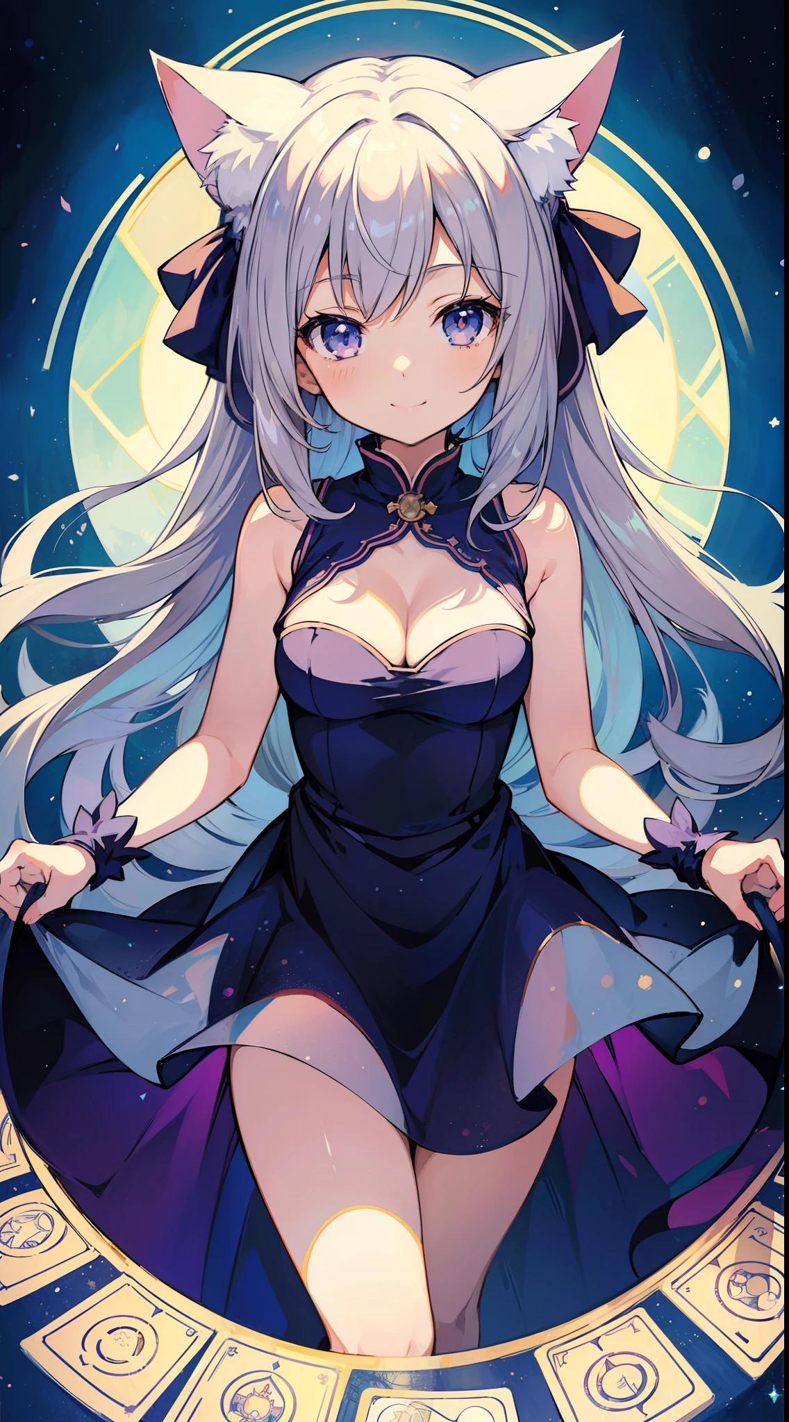 (Masterpiece), (Top Quality Anime Illustrations), (Super Definition), One Girl, Solo, Silver-Haired Beautiful Girl, Anime , Cat Ear Lolie-Through Dress, Sleeveless, Smile, Cleavage Emphasis, Lower Breast Emphasis, Thighs, Tarot Card Style, World