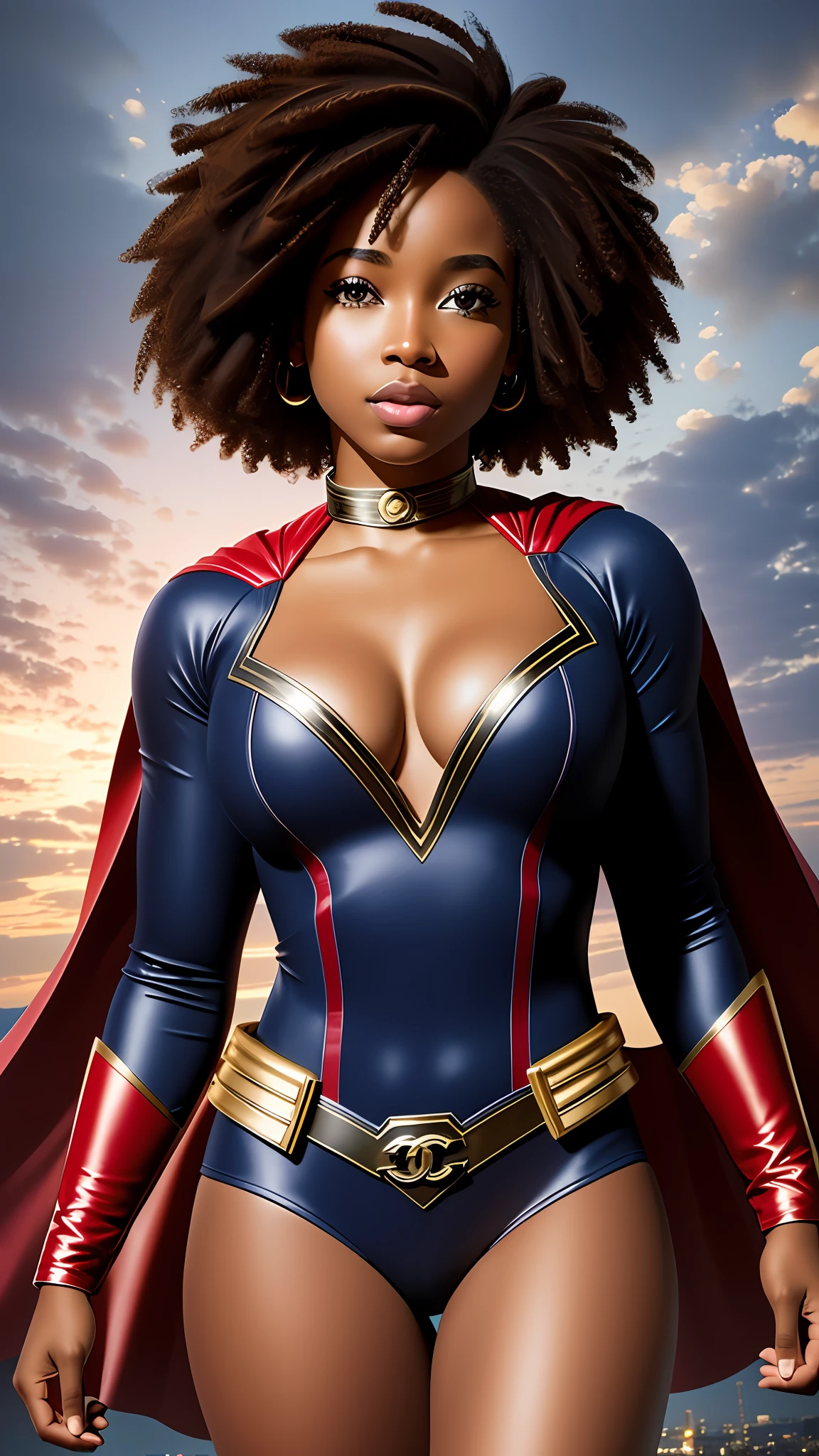 photographic portrait of Black Supergirl, colorful and realistic round eyes,short Chanel hair,straightened, dreamy magical atmosphere, superheroine costume, (small breasts: 1,3),