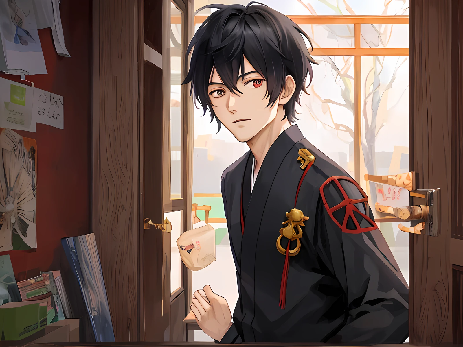 Anime characters in the room, panicking to open the door, there is a painting on the wall, Shigenori Aijima illustration, young anime man, anime moe art style, handsome guy in demon killer art, inspired by Masanobu Okumura, handsome Japanese demon boy, male anime character, detailed key anime art, still from TV anime, detailed anime character art, kavasi