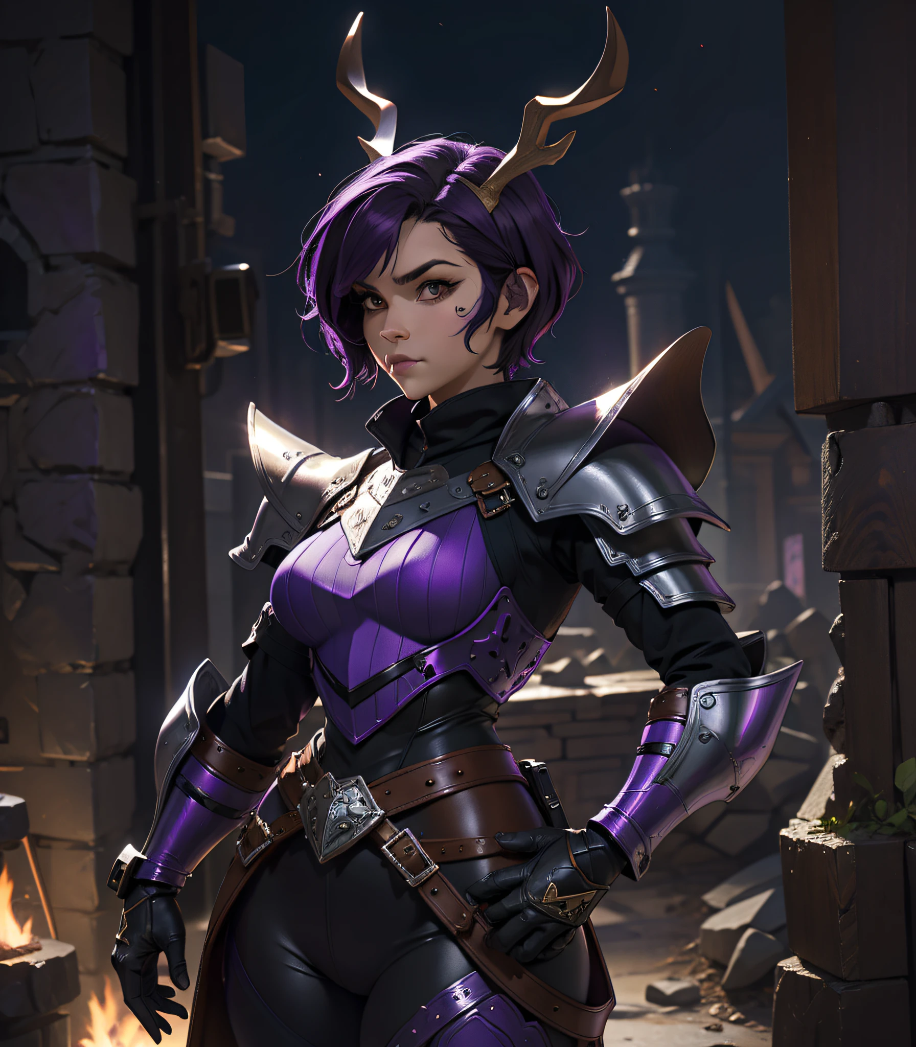 Knight Jackalope, short purple hair, jackalope antlers, dark armor(masterpiece, best quality)