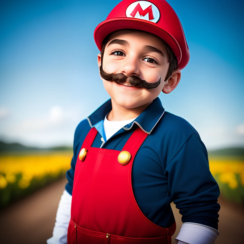 a boy dressed as a mario character, smiling, ultrarealistic, 8k, best quality, masterprice, natural skin texture, with a mustache