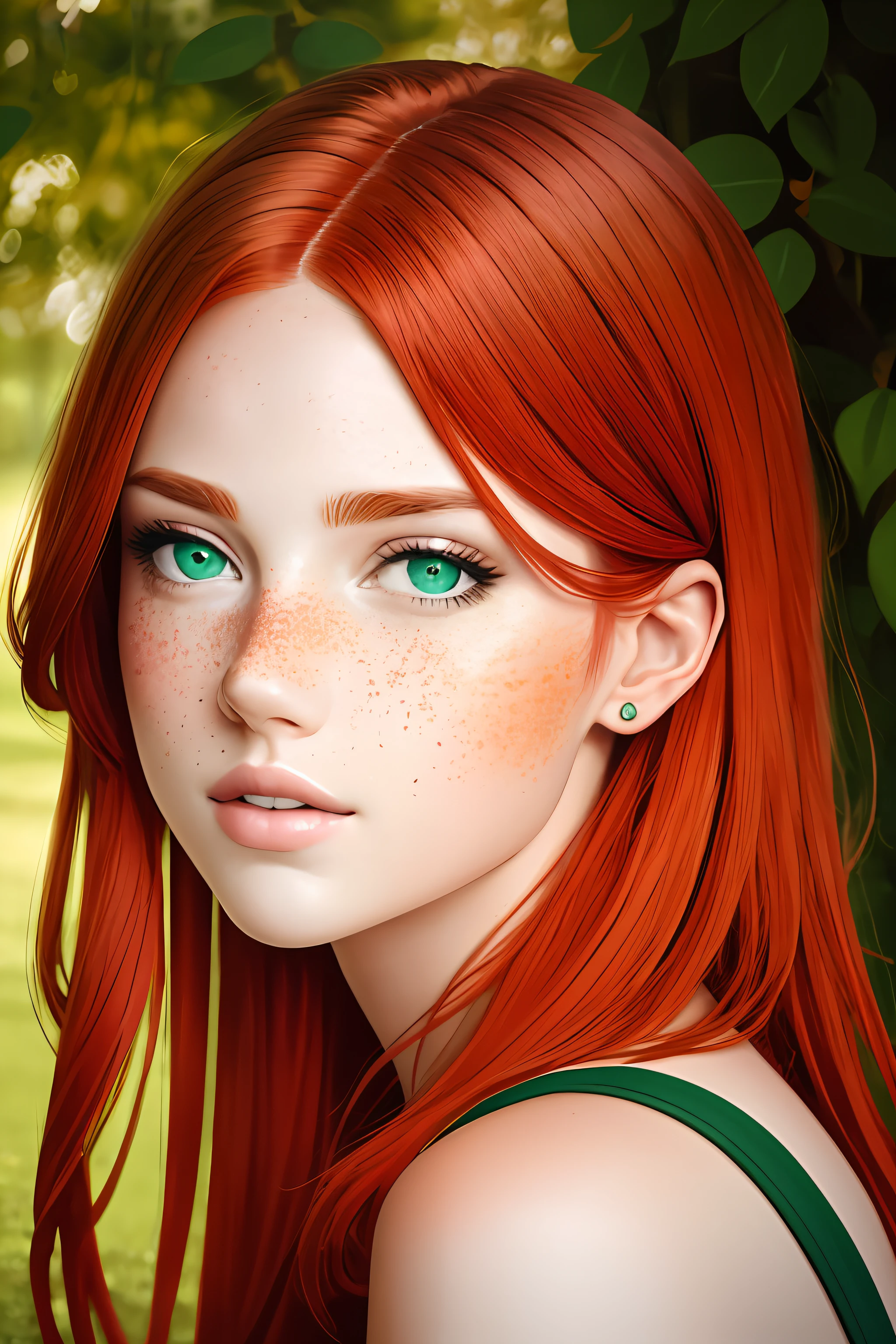 In the style of Naturalism, create a captivating image of a red-haired girl with freckles on her face and enchanting green eyes. This highly detailed artwork should highlight the unique features of her face, with intricate sharp details and a realistic rendering. Use a warm color palette to enhance the natural beauty of her red hair and the vibrant intensity of her green eyes. Let the artwork evoke a sense of authenticity and realism, capturing the essence of the subject in a way that resonates with viewers.