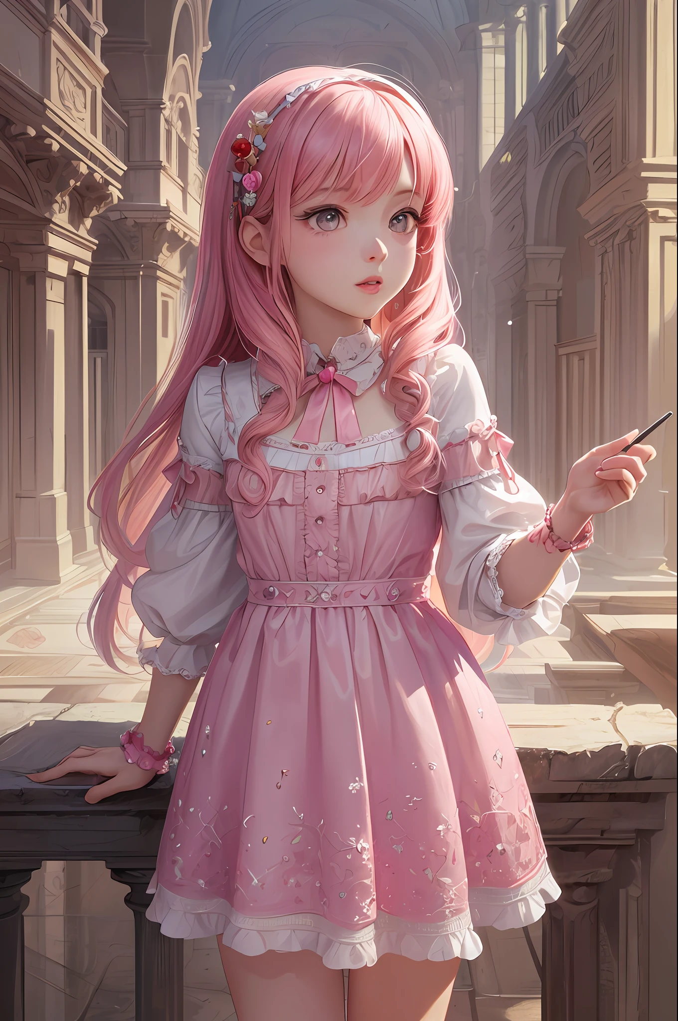 ( Absurd , High quality , ultra detailed, masterpiece, concept art, smooth, highly detailed artwork, hyper realistic painting ) Dreamy , Romantic , Vivid, girl , pink , strawberry, strawberry shortcake character, cute , whole body , colorful