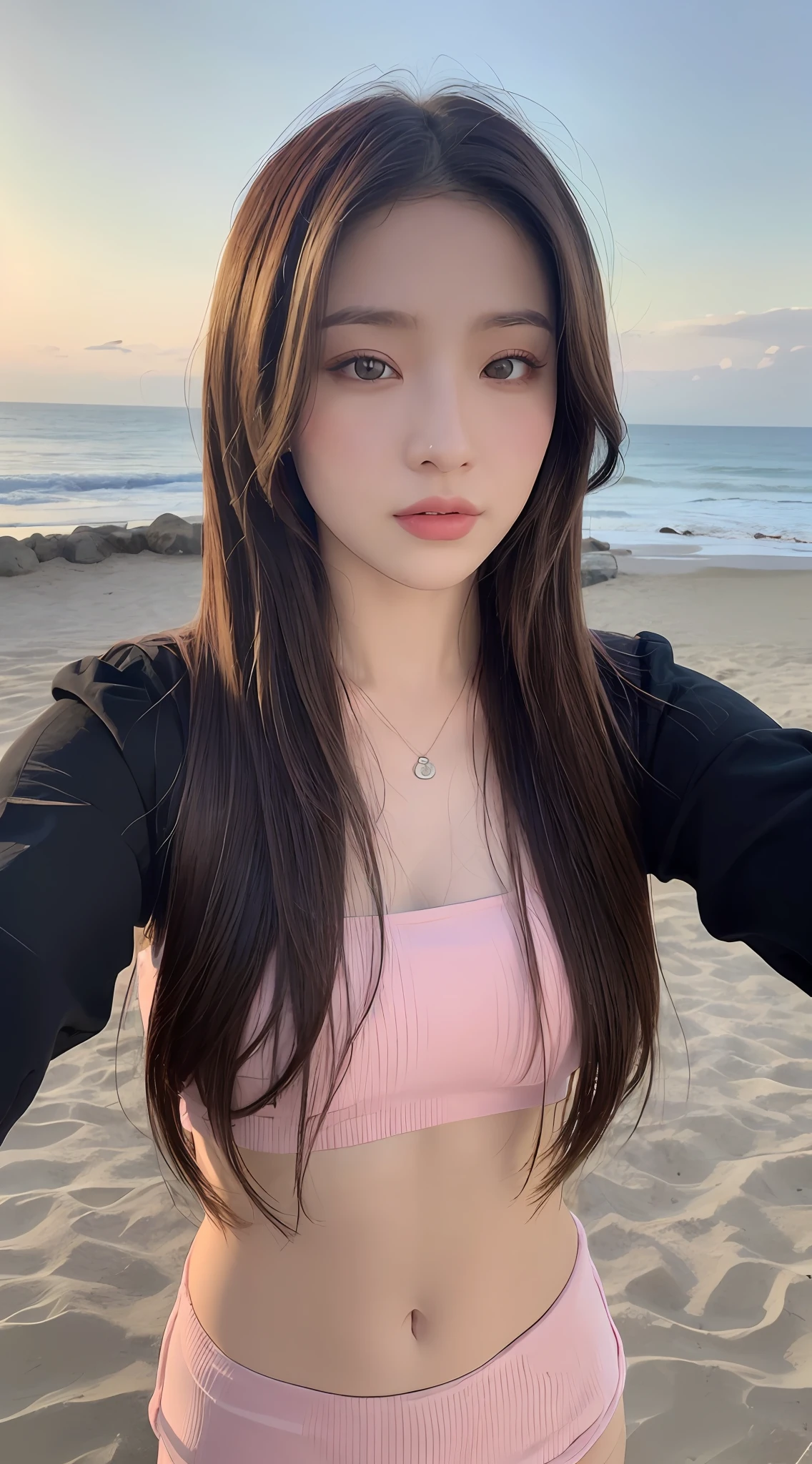 ((Realistic lighting, Best Quality, 8K, Masterpiece: 1.3)), Focus: 1.2, 1girl, Perfect Beauty: 1.4, Slim Abs: 1.1, ((Dark Brown Hair)), (Pink Youth Clothing: 1.5), (Outdoor, Seaside: 1.1), Sexy, Selfie, Ultra-fine face, Fine eyes, Double eyelids, Flushed,