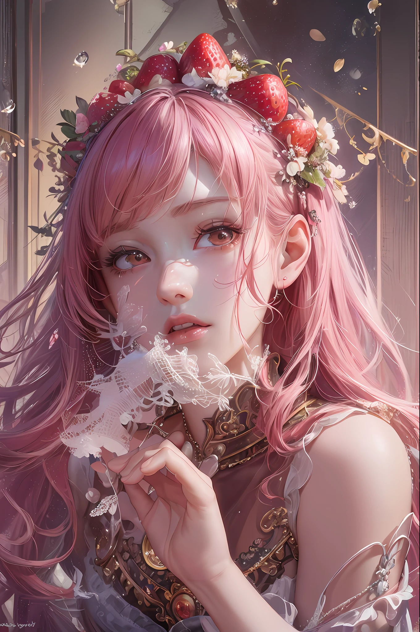 ( Absurd , High quality , ultra detailed, masterpiece, concept art, smooth, highly detailed artwork, hyper realistic painting ) Dreamy , Romantic , Vivid, girl , pink , strawberry, strawberry shortcake character, cute , whole body , colorful