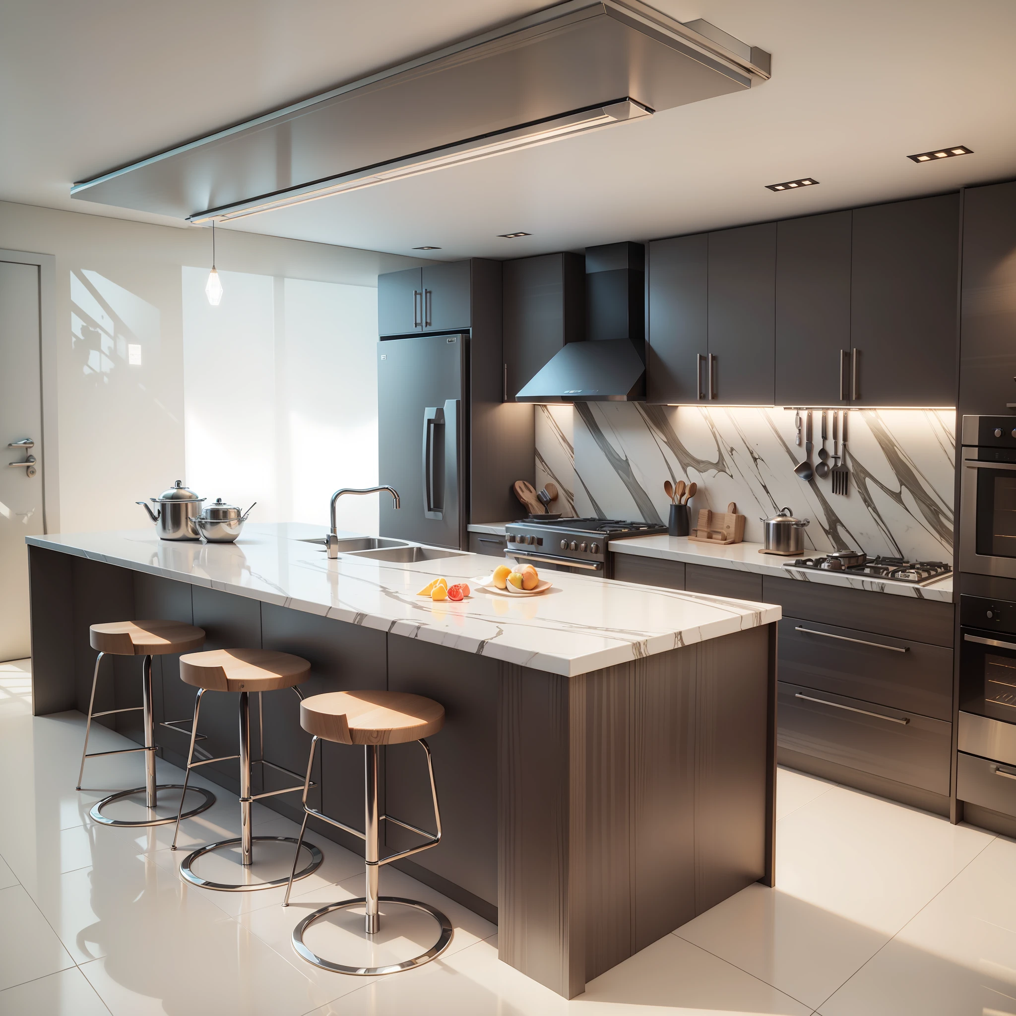 3D model HD rendering, right-angle isometric view, 45 degree angle, high detail, marble kitchen, global illumination, realistic lighting, Unreal Engine rendering, Substance 3D, Octane rendering, (HDR:1.3), kitchenware, open kitchen --auto --s2