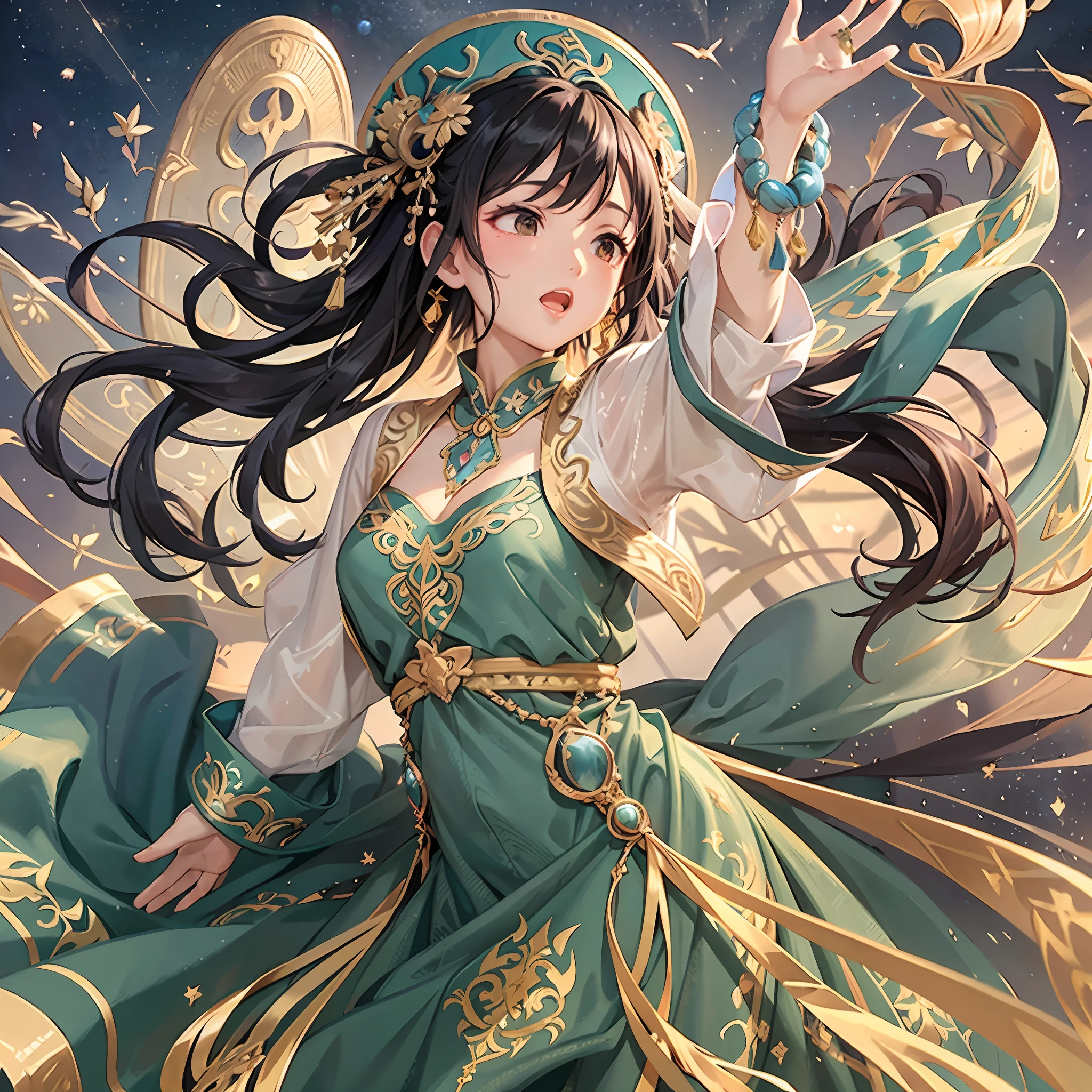 Dunhuang Flying Sky, Dance, Ancient Costumes, Flowing Tulle, Light Silk, Freehand, Masterpiece, Super Detailed, Epic Composition, High Quality, Highest Quality, 4K