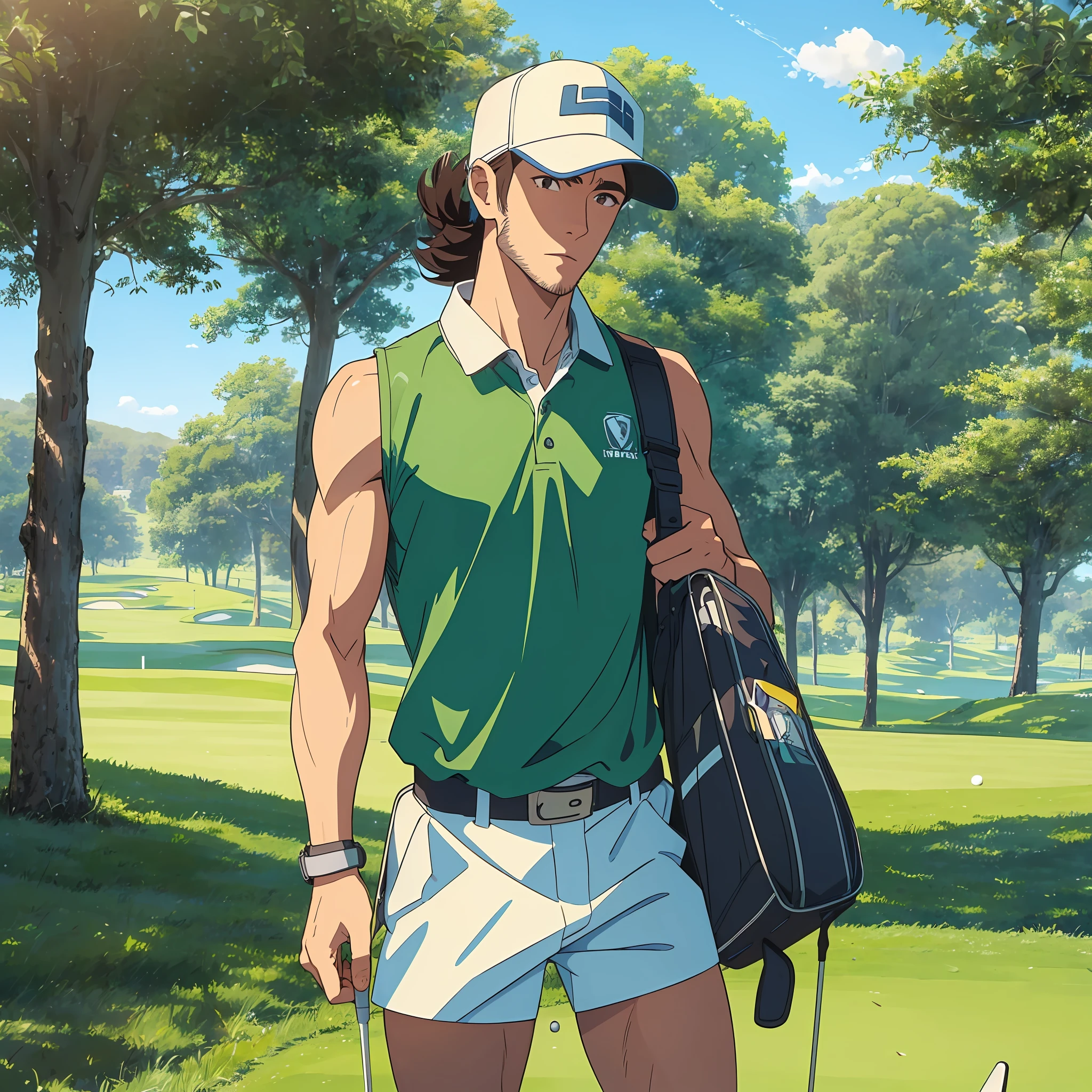 (muscular body, hairy body:1.3, tall body:1.2),(playing golf),(Jhudney Martins), in a beautiful golf course,early afternoon, golf club and bag, blue sky, perfect greens. --auto --s2