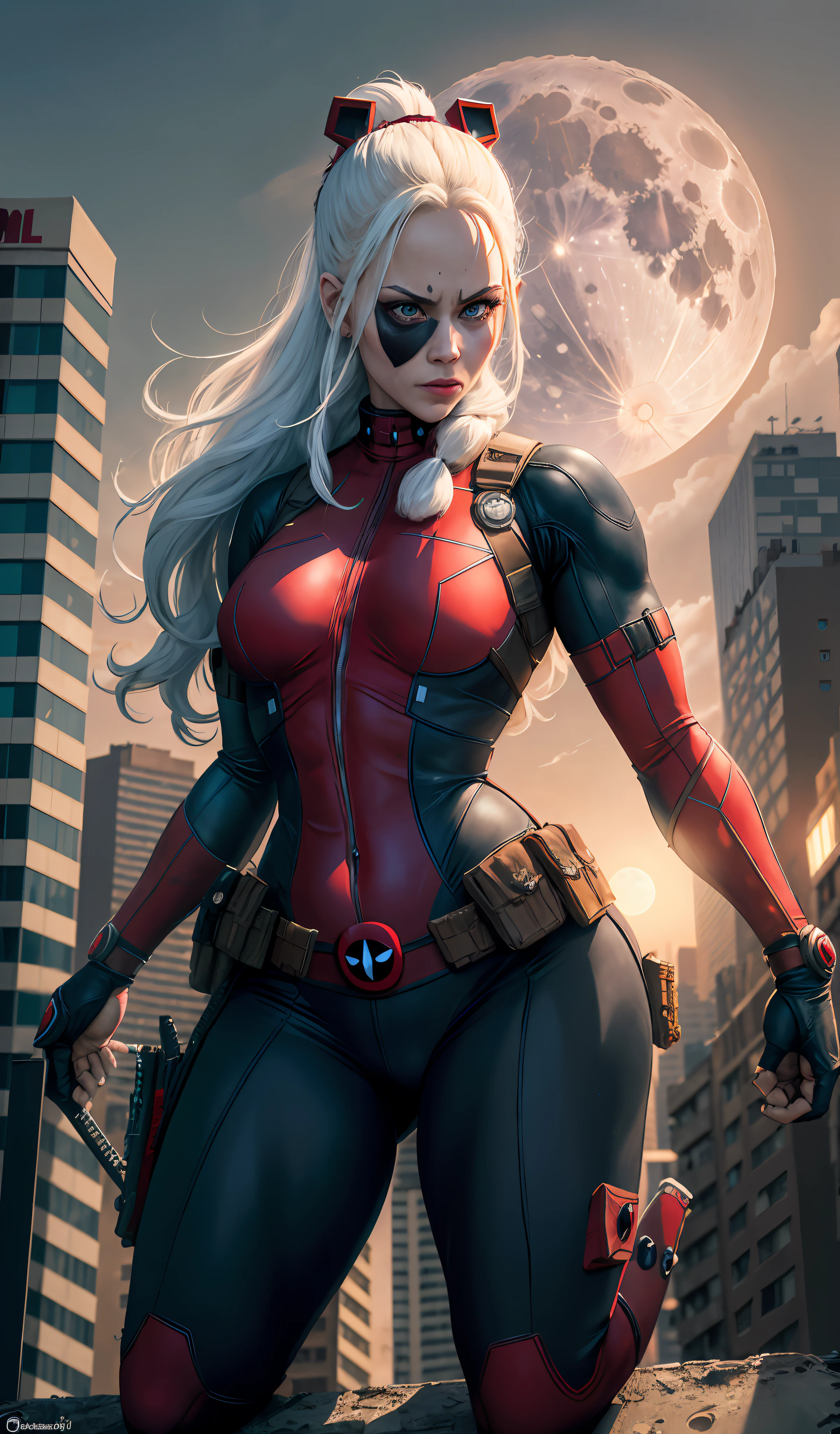 (Masterpiece, 4k resolution, ultra-realistic, very detailed), (Red superhero theme, charismatic, there's a girl on top of town, wearing Deadpool costume, she's a superhero), [ ((25 years), (long white hair:1.2), full body, (blue eyes:1.2), ((Deadpool pose),show of strength, jumping from one building to another), ((sandy urban environment):0.8)| (cityscape, at night, dynamic lights), (full moon))] # Explanation: The Prompt mainly describes a 4K painting of ultra-high definition, very realistic, very detailed. It shows a superheroine at the top of the city, wearing a Deadpool costume. The theme in the painting is a white superhero theme, the female protagonist has long white hair, is 25 years old and her entire chubby body is shown in the painting. In terms of portraying the actions of superheroines, Deadpool are employed