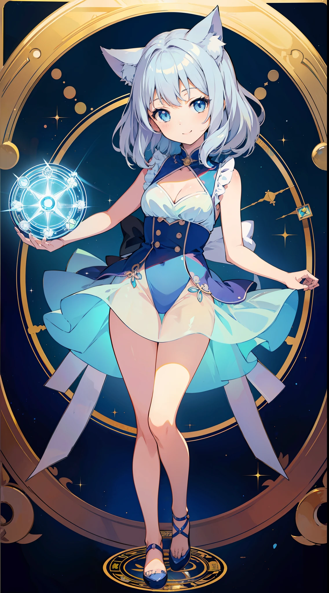 (Masterpiece), (Top Quality Anime Illustration), (Super Definition), One Girl, Solo, Silver-haired Beautiful Girl, Anime ****, Cat Ear ****, Light Color Light Blue See-Through Dress, Sleeveless, Smile, Cleavage Enhancement, Lower Breast Enhancement, Thighs, Tarot Card Style, Wheel of Fortune