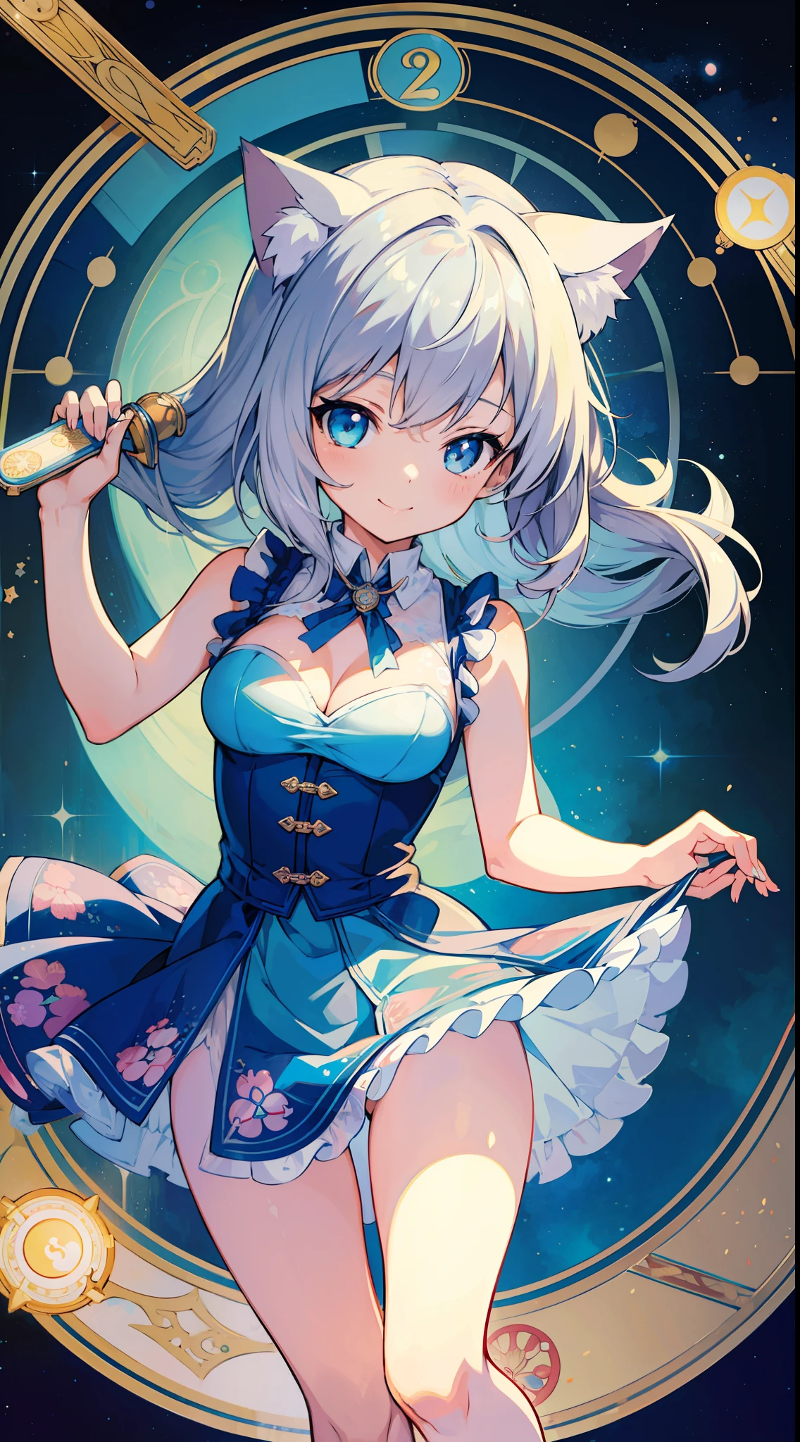 (Masterpiece), (Top Quality Anime Illustration), (Super Definition), One Girl, Solo, Silver-haired Beautiful Girl, Anime , Cat Ear Lolight Color Light Blue See-Through Dress, Sleeveless, Smile, Cleavage Enhancement, Lower Breast Enhancement, Thighs, Tarot Card Style, Wheel of Fortune