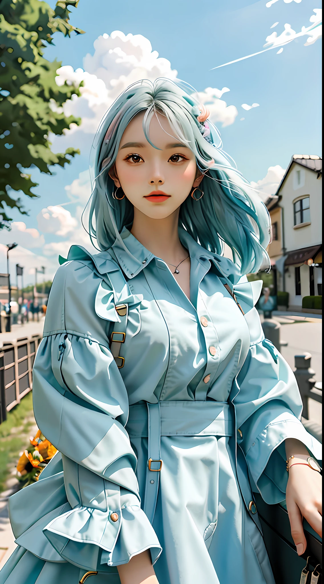 masterpiece, best quality, spring outfit, colorful hair,  outdoor,cloud ,upper body,